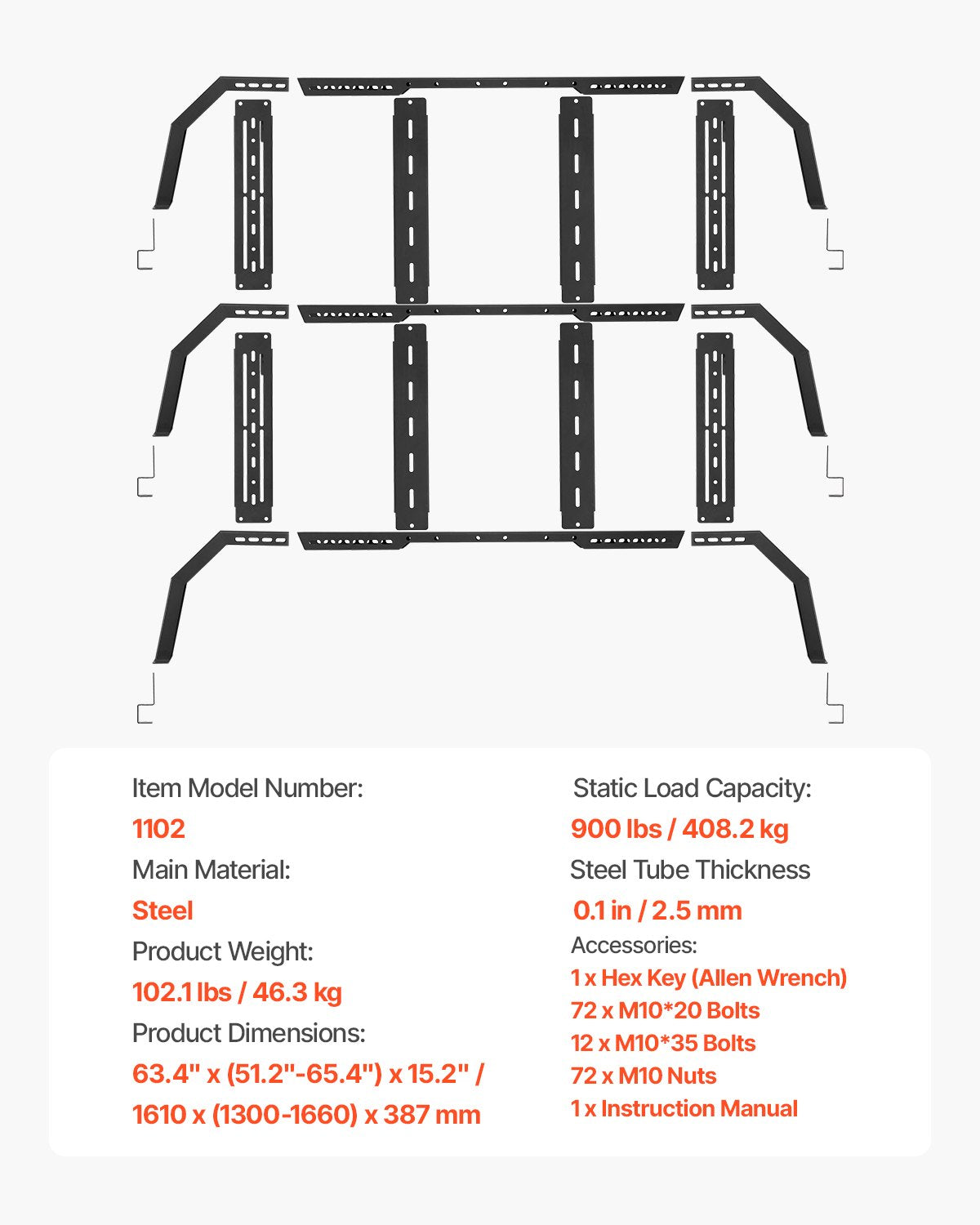 Overland Truck Bed Rack, 51.2-65.4 in Width, Adjustable Overland Bed Cargo Rack with Sidebar, 900 lbs Static Capacity, Compatible with Mid-Size Trucks Tacoma/Ranger/Gladiator JT/Colorado/Canyon