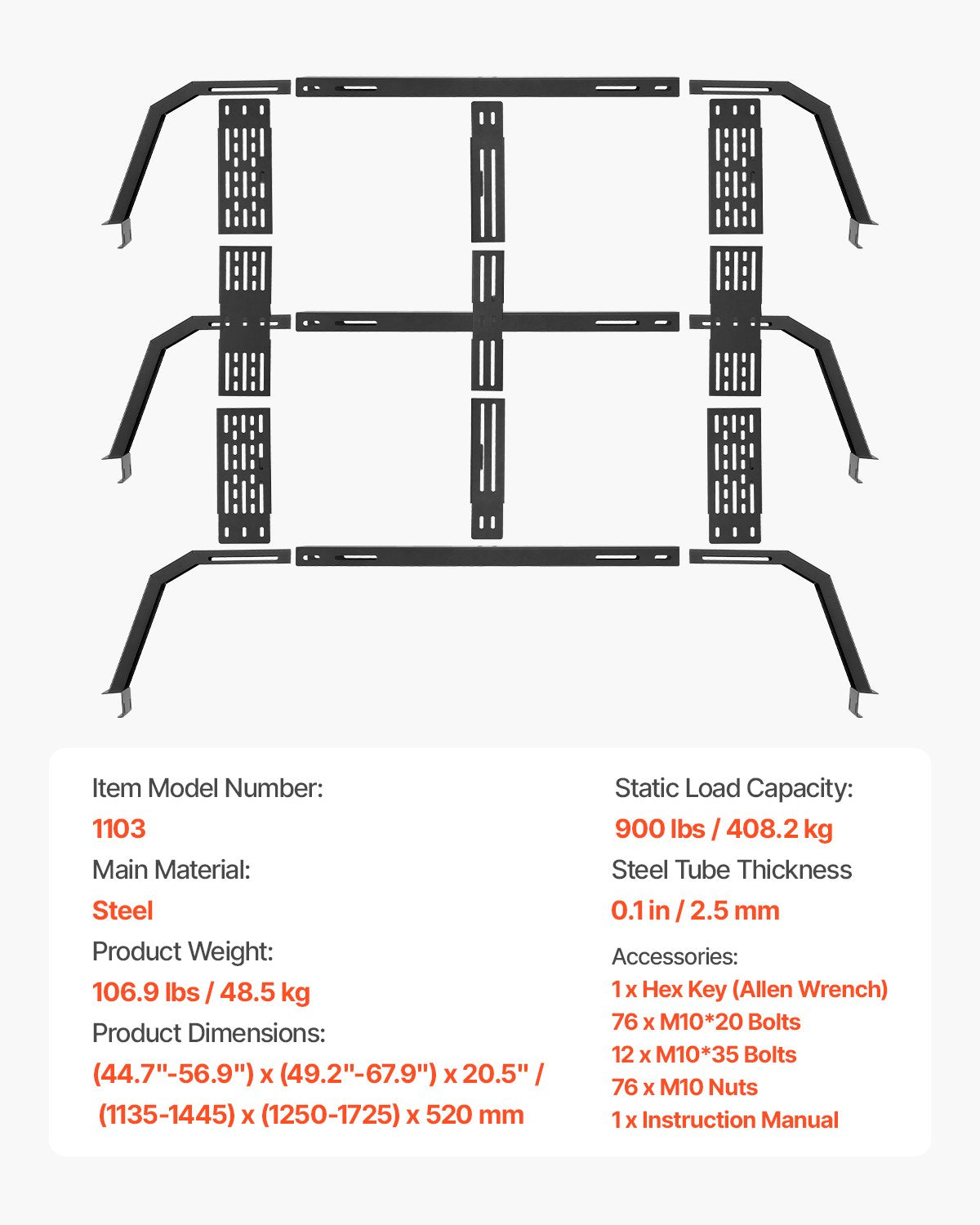 Overland Truck Bed Rack, 49.2-67.9 in Width, Adjustable Overland Bed Cargo Rack with Sidebar, 900 lbs Static Capacity, Heavy Duty Steel, for Mid-Size Trucks, Compatible with Tacoma/Gladiator JT