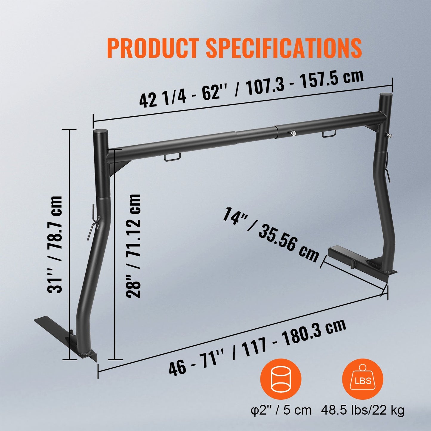 Truck Rack, 46-71inch Extendable Truck Ladder Rack, 800 lbs Capacity Steel Ladder Rack for Truck with Non-Drilling J-bolts, Heavy Duty Truck Bed Rack for Kayak, Surfboard, Lumber, Ladder