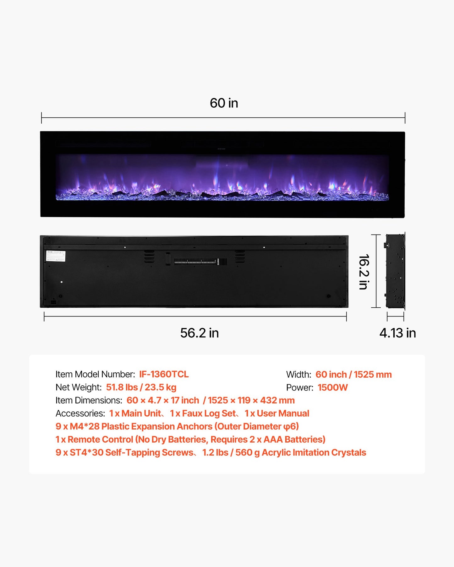 60 inch Electric Fireplace, Wall Mounted Recessed Fire Place with Remote Control, Timer, 1500W, Adjustable Flame Color Brightness, Touch Screen, Overheat Protection, for Living Room,Bedroom