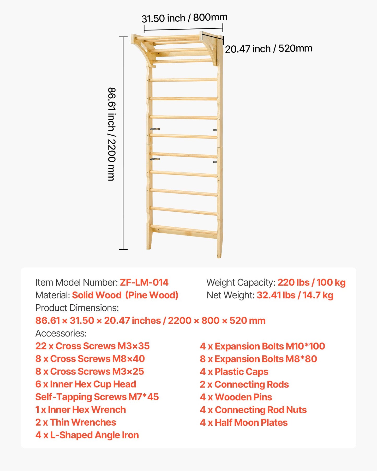 Swedish Ladder Wall Gym, 2-in-1 10-Level Indoor Jungle Gym, 220LBS Loading Solid Wood Gymnastic Stall Bars for Kids & Adults, Indoor Playground Climbing Playset with Pull-Up Bar, Wall Ladder
