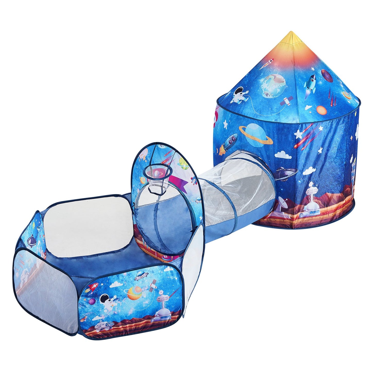 3-in-1-Spielzelt für Kinder mit Tunnel für Jungen, Mädchen, Säuglinge und Kleinkinder, Pop-Up-Spielhaus für drinnen und draußen mit Tragetasche und Gurten, Geburtstagsgeschenke, königsblaues Raketenthema
