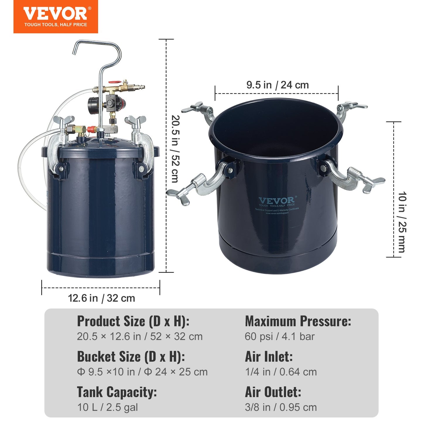 Spray Paint Pressure Pot Tank, 10L/2.5gal Air Paint Pressure Pot, 1.5mm+4mm Two Nozzles Two Spray Paint Guns, 60PSI Max, for Industry Home Decor Architecture Construction Automotive Painting