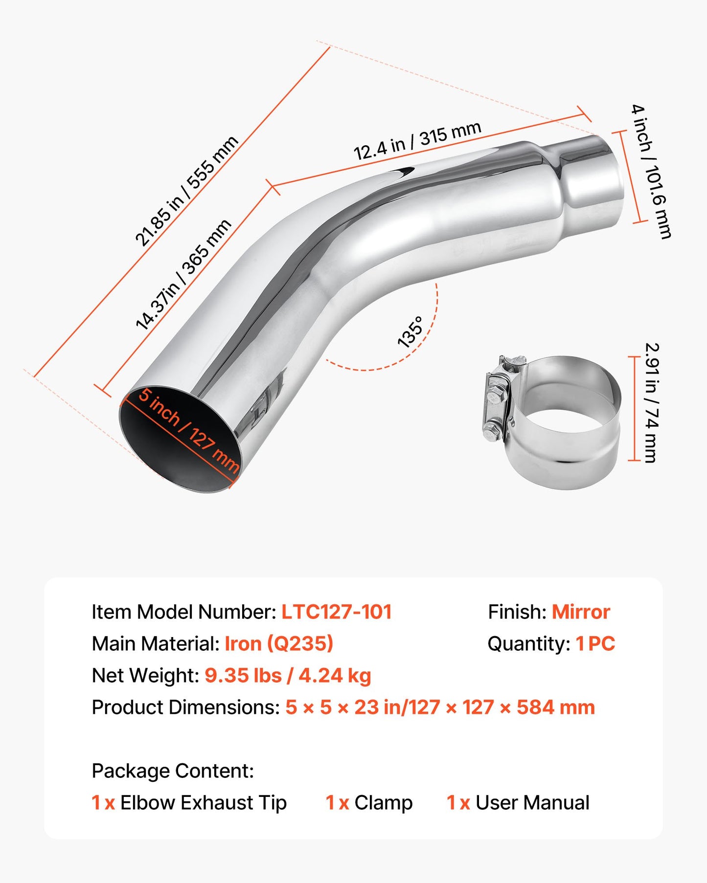 Elbow Exhaust Tip, 4 Inch Inlet, 5 Inch Outlet, 23 in Overall Length, Chrome Turn Down Exhaust Tip with Clamp for Truck, Sedan, Sports Car, SUV, Chrome Structure for High Temperature Resistance