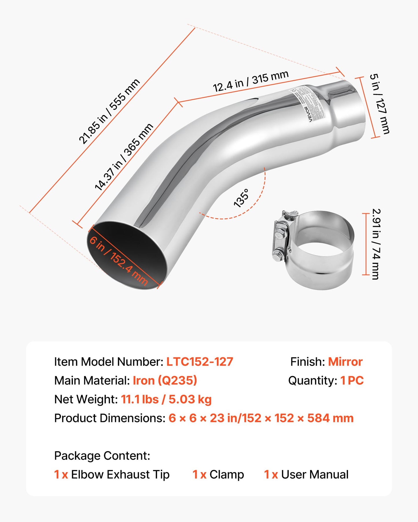 Elbow Exhaust Tip, 5 Inch Inlet, 6 Inch Outlet, 23 in Overall Length, Chrome Turn Down Exhaust Tip with Clamp for Truck, Sedan, Sports Car, SUV, Chrome Structure for High Temperature Resistance