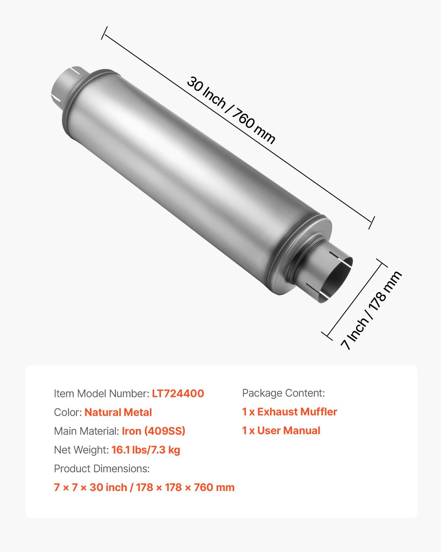 Exhaust Muffler, 4 Inch Inlet & Outlet, 30 Inch Overall Length Stainless Steel Exhaust Tip, Universal Resonator Round Body, High Performance for Trucks, Sedans, Sports Cars, SUVs & Daily Drivers