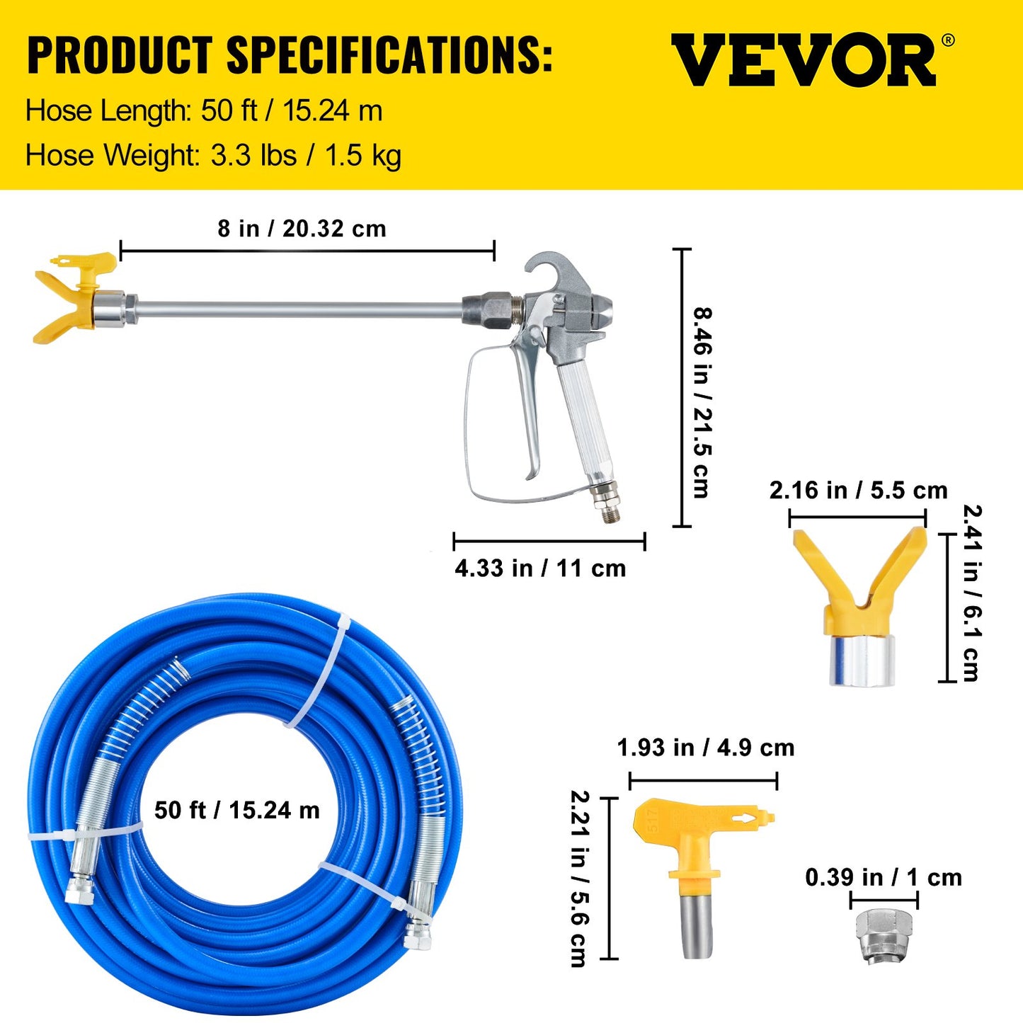 Airless Paint Spray Hose Kit, 50ft 3600 psi High Pressure Fiber Tube with 8 inch Extension Rod Pole, Including 517 Tip and Tip Guard, 1/4" Swivel Joint for Homes Buildings Decks or Fences
