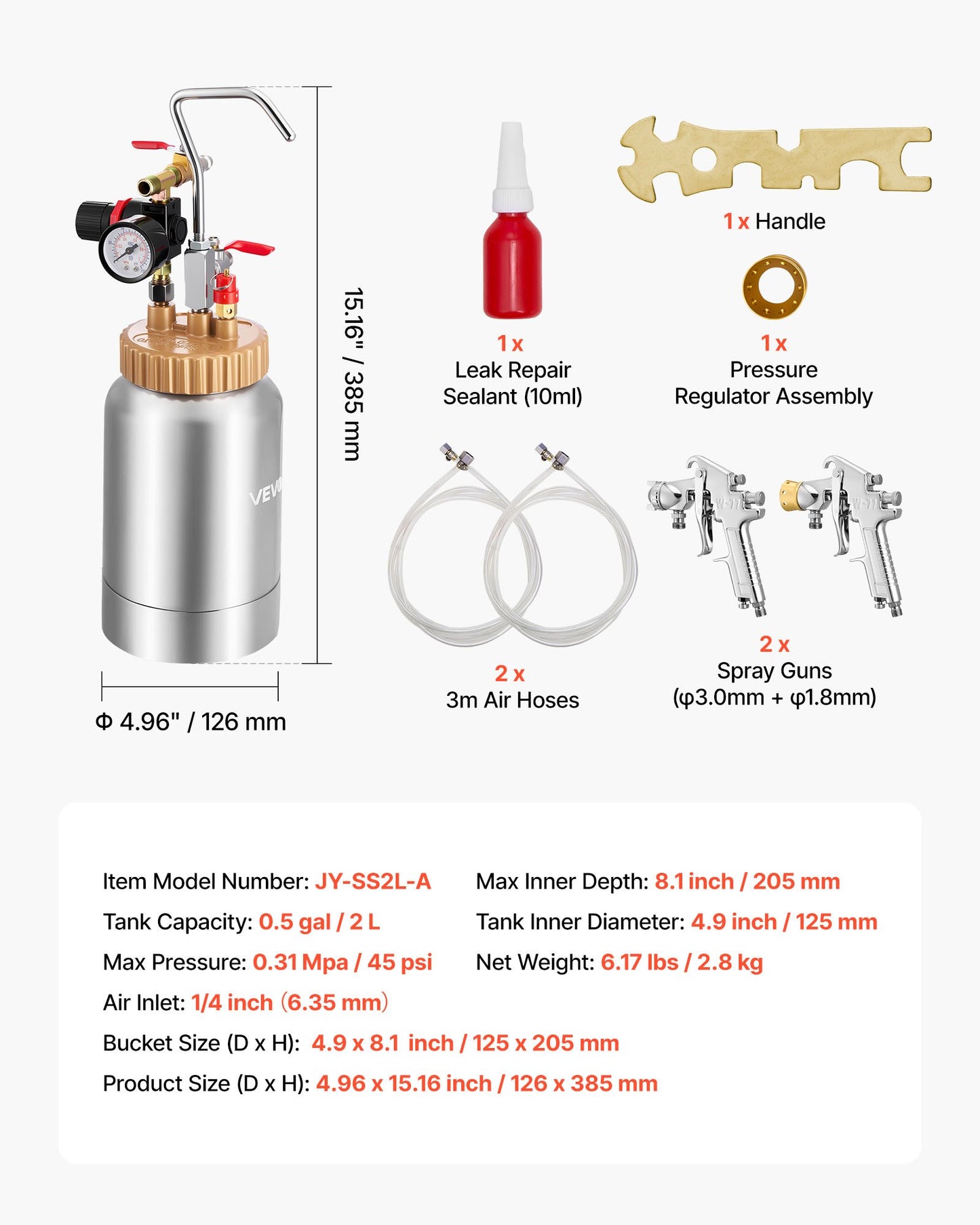 Spray Paint Pressure Pot, 0.5 Gal/2 L Pressure Pot Paint Sprayer, φ1.8mm + φ3mm Two Spray Guns Central Pneumatic Sprays Gun with Two 9.8 FT/3 m Hoses for Furniture, Car, Fence, Max 45 Psi