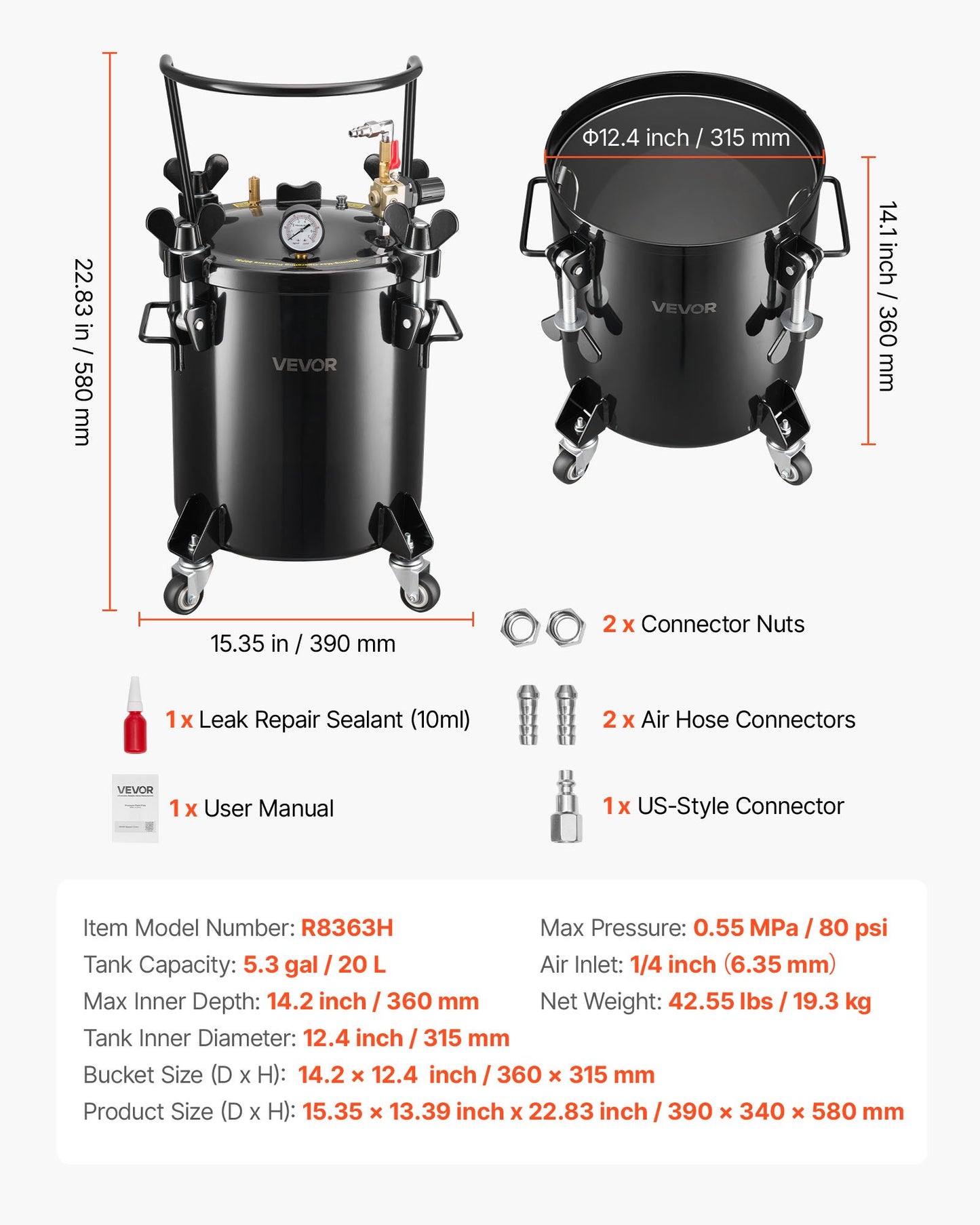 Pressure Pot Paint Tank, 5.3 Gal/20 L Heavy Duty Steel Air Tool Pressure Pot, Spray Paint Pressures Pots with Three Quick-Connect Couplers for Home Use, DIY, Art Creations, Large-Diameter Tank