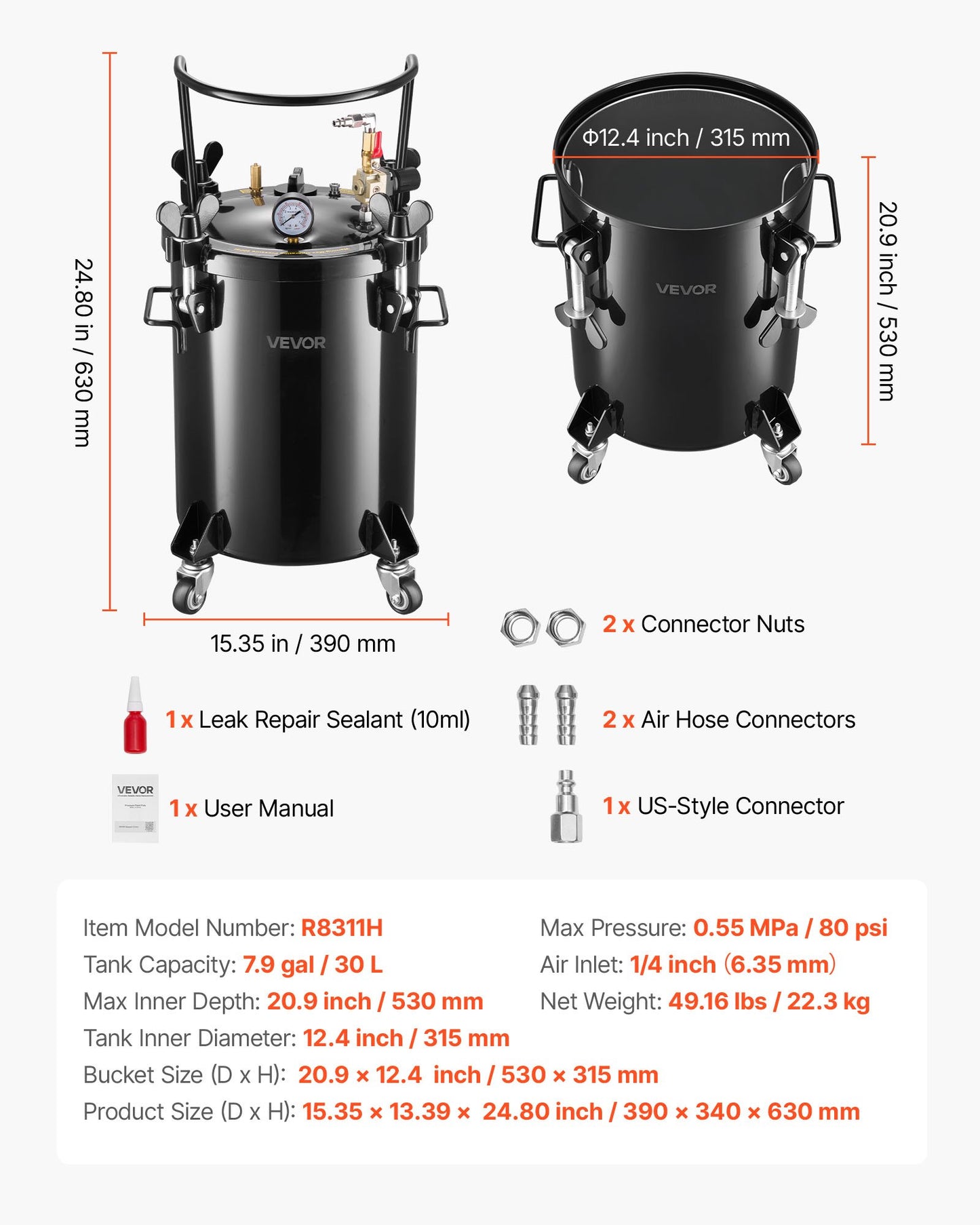 Pressure Pot Paint Tank, 7.9 Gal/30 L Heavy Duty Steel Air Tool Pressure Pot, Spray Paint Pressures Pots with Three Quick-Connect Couplers for Home Use, DIY, Art Creations, Large-Diameter Tank