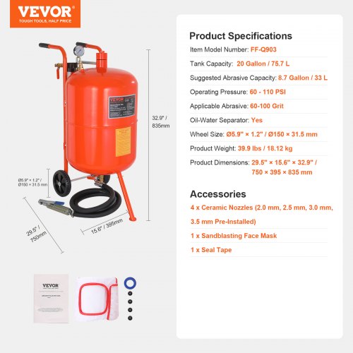 75.7 L Sandblaster 60-110 PSI High Pressure Sandblaster with 4 Nozzles | EU
