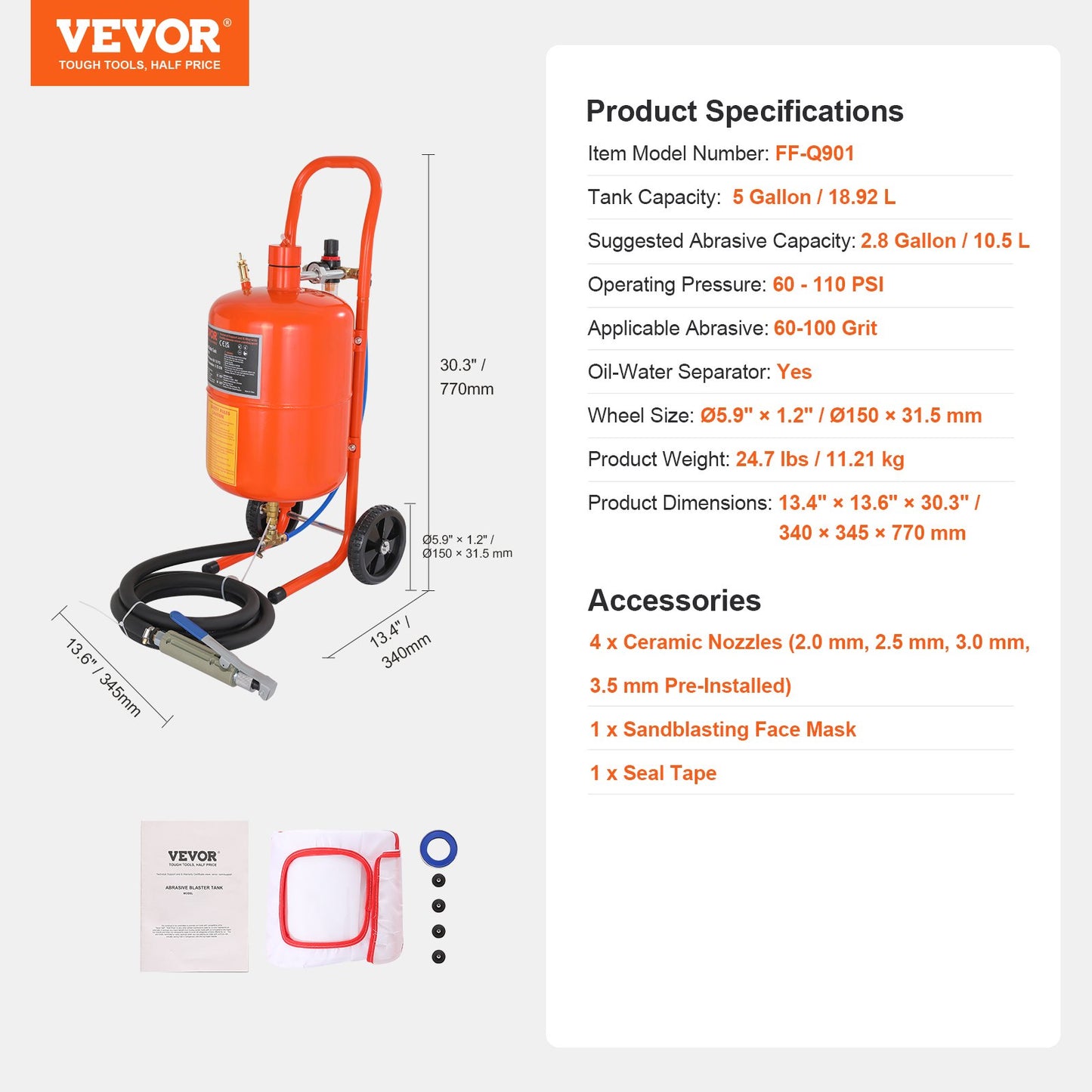5 Gallon Sand Blaster, 60-110 PSI High Pressure Sandblaster, Portable Abrasive Blasting Tank, Air Sand Blasting Kit with 4 Ceramic Nozzles and Oil-Water Separator for Paint, Stain, Rust Removal