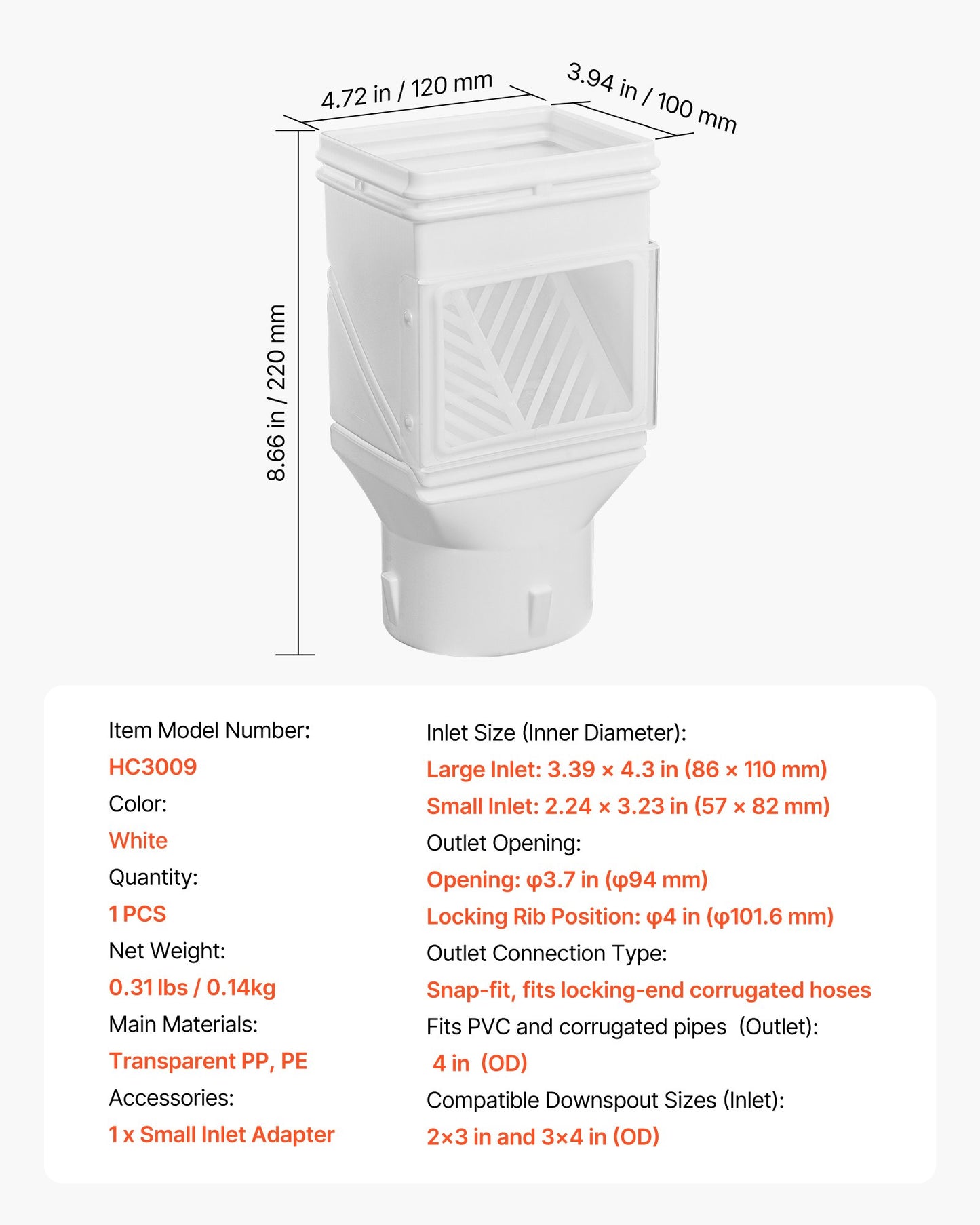 Gutter Downspouts, Downspout Diverter Rainwater Collection System Fits for 2x3 or 3x4 Inch Standard Inlet and Φ4inch Outlet, Flexible Rain Water Barrel Kit with Mesh Screen & Transparent, White