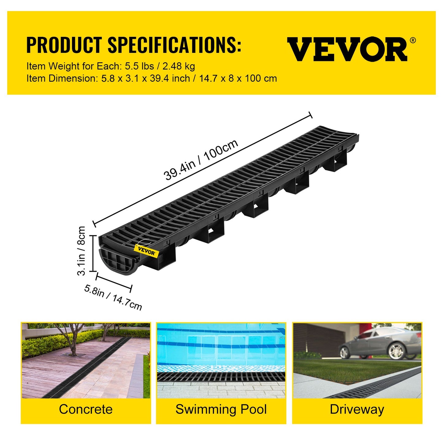 Trench Drain System, Channel Drain with Plastic Grate, 5.8x3.1-Inch HDPE Drainage Trench, Black Plastic Garage Floor Drain, 6x39 Trench Drain Grate, with 6 End Caps, for Garden, Driveway-6 Pack