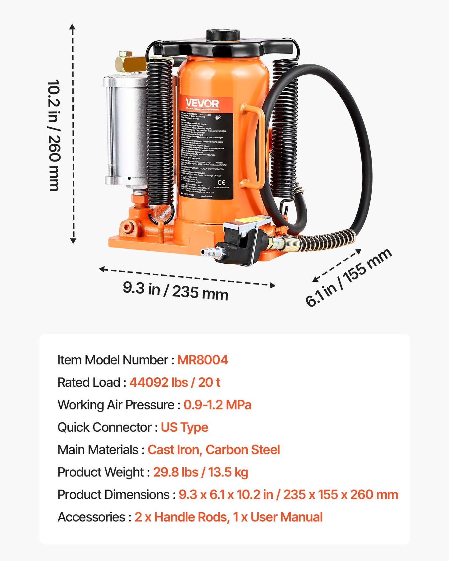 Air Hydraulic Bottle Jack, 20 Ton (44092 lbs) Capacity, 10.2-19.5 Inch Lifting Range, Pneumatic/Manual Heavy Duty Welded Bottle Jack with Pump for Car, SUV, Pickup, Truck, RV Auto Repair, Orange