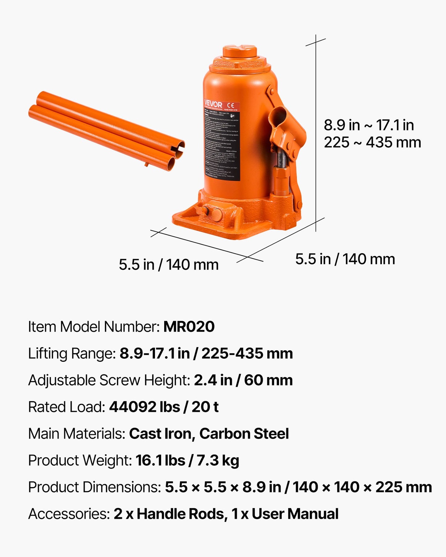 Hydraulic Bottle Jack, 20 Ton (44092 lbs) Capacity, 8.9-17.1 Inch Lifting Range, Heavy Duty Welded Bottle Jack for Car, SUV, Pickup, Auto Repair, House Lift and Agricultural Equipment, Orange