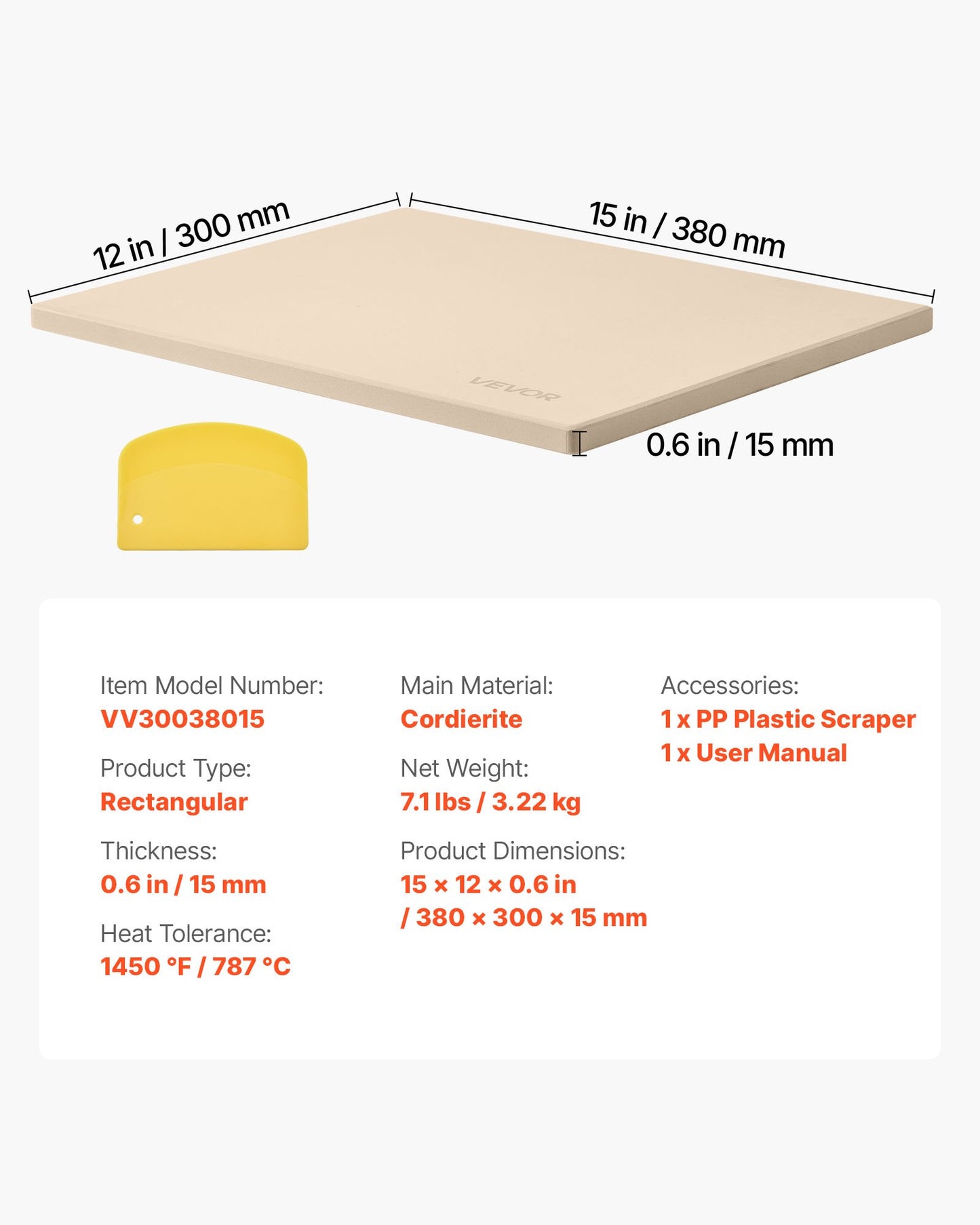 Pizza Stone, 15 x 12 in Rectangular Cordierite Pizza Stone, Extra Large Baking-Stone with Scraper, 0.6 in Thick Heat-Resistant Cordierite, for Kitchen Oven, Baking Bread & Pizzas, BBQ Grilling