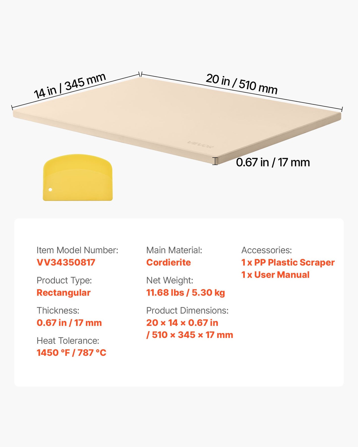 Pizza Stone, 20 x 14 x 0.67 in Rectangular Pizza Stone, Extra Large Baking-Stone with Scraper, 1450℉ Heat-Resistant Cordierite, for Oven, BBQ Griller, Baking Bread & Pizza