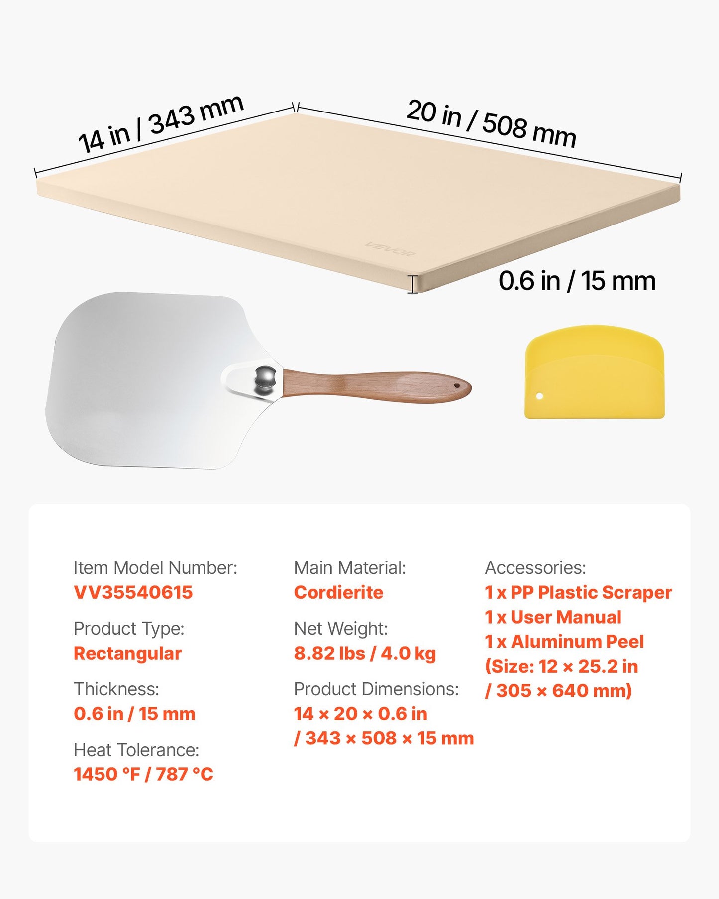 Pizza Stone, 20 x 14 x 0.6 in Rectangular Cordierite Pizza Stone, 1450℉ Heat-Resistant Cook Stone, Extra Large Baking-Stone with Metal Peel, Scraper, for Kitchen Bake Oven, BBQ Grill