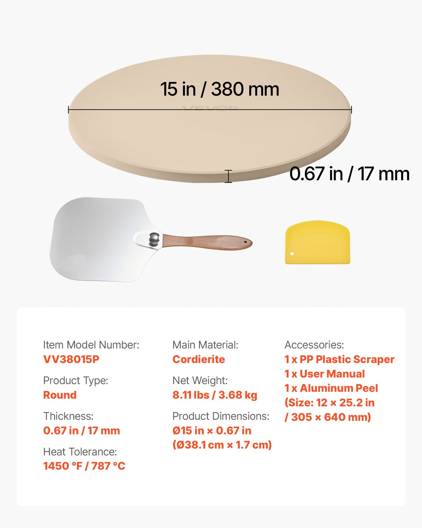 Pizza Stone, 15 in Round Pizza Stone, 0.67 in Large Cordierite Baking-Stone with Metal Peel, Scrape, 1450℉ Heat-Resistant Cooking Stones, for Kitchen Oven, Baking Pizzas, BBQ Grilling