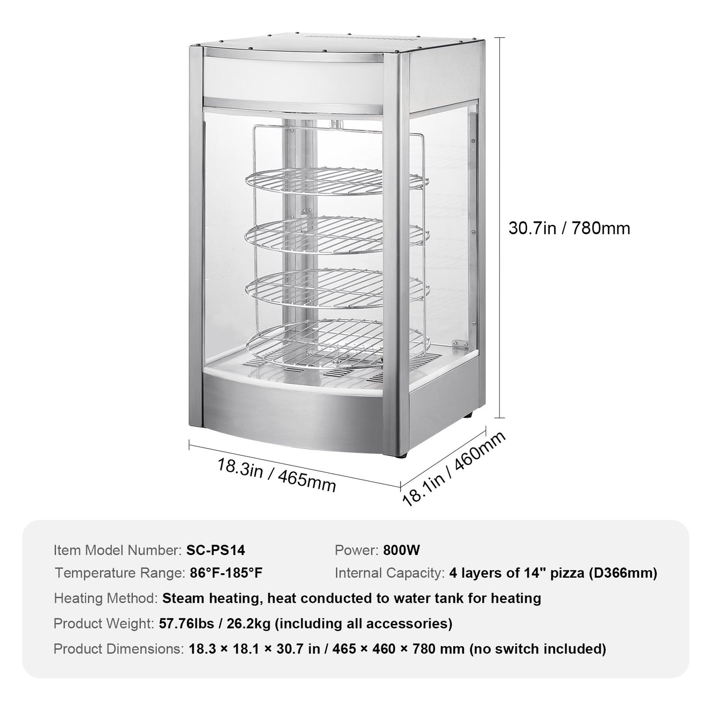 Food Warmer Display for 14" Pizza, 4-Tier Commercial Pizza Warmer Electric
