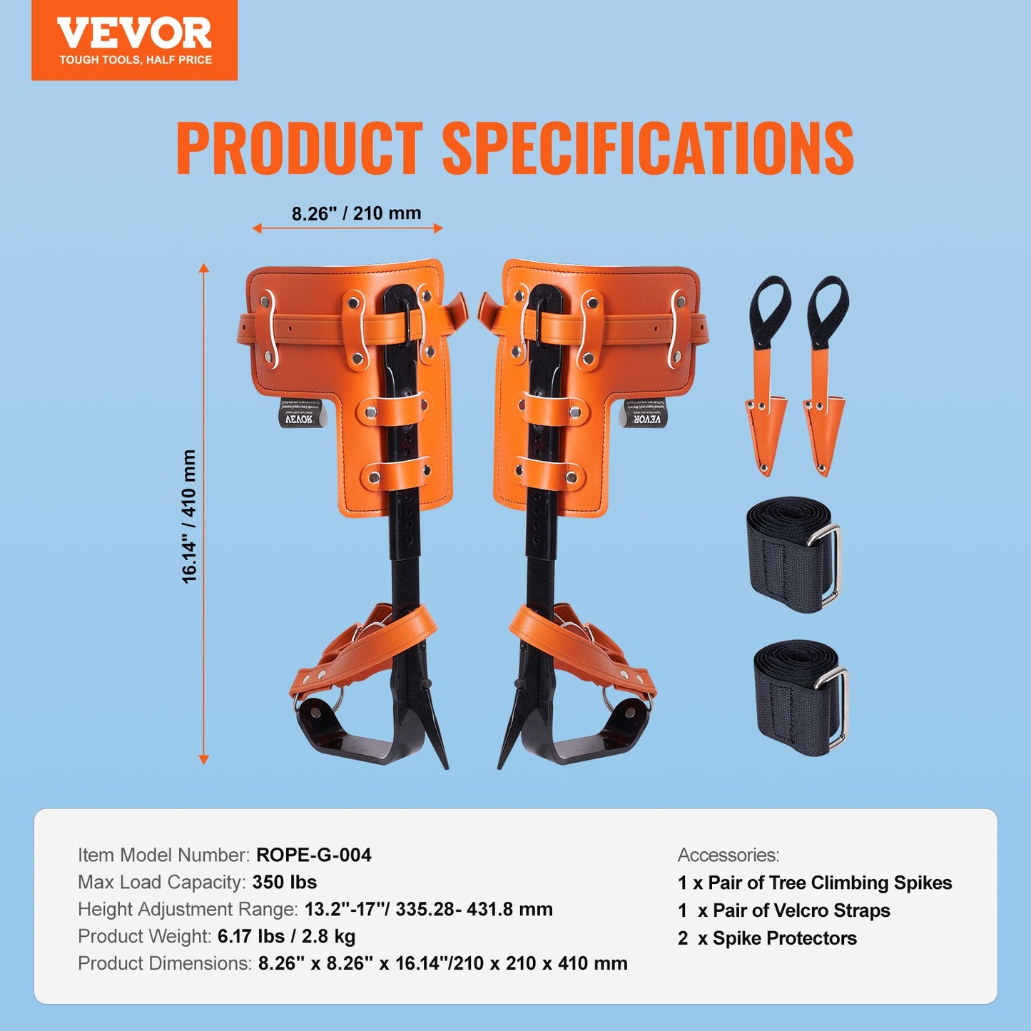 Tree Climbing Spikes, 1 Pair Alloy Steel Climbing Spurs, 350lbs Load Capacity Tree Climbing Gear with Straps and Spike Protectors, Arborist Equipment for Climbers, Hunting, Fruit Picking, Orange