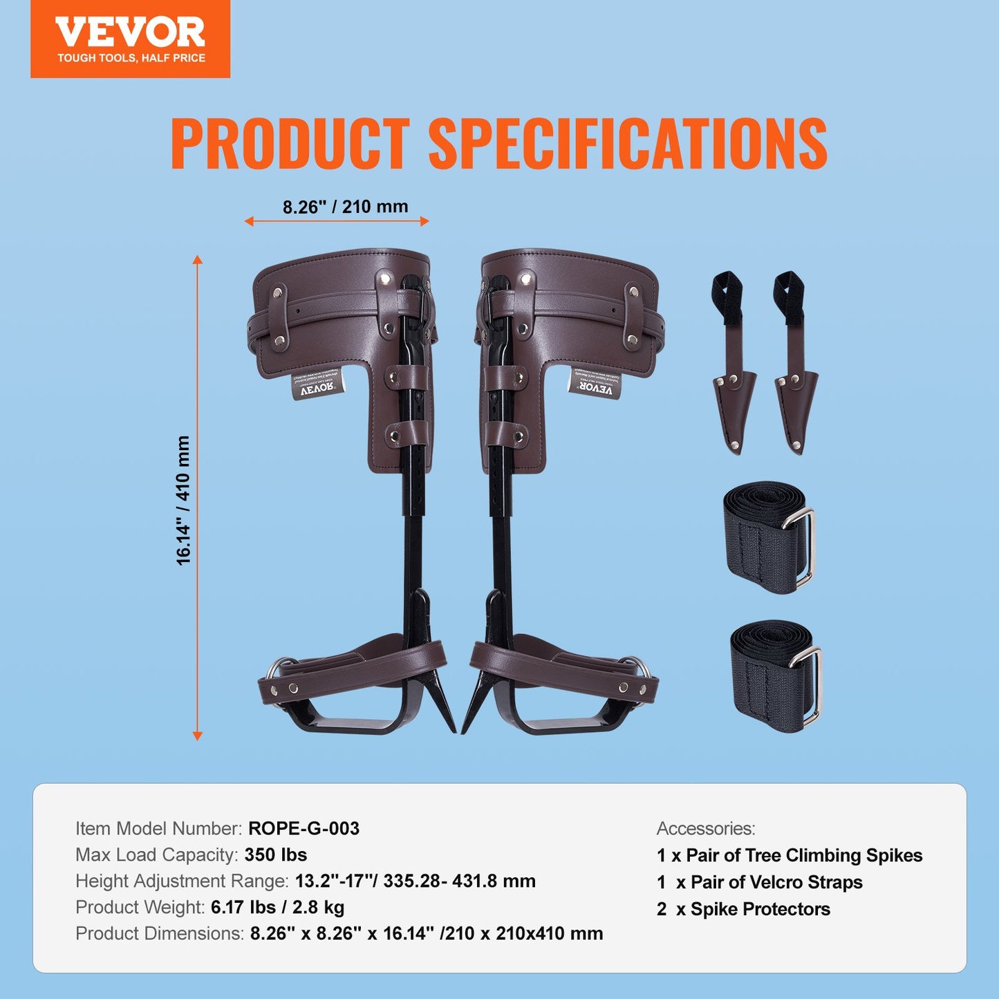 Tree Climbing Spikes, 1 Pair Alloy Steel Climbing Spurs, 350lbs Load Capacity Tree Climbing Gear with Straps and Spike Protectors, Arborist Equipment for Climbers, Hunting, Fruit Picking, Brown
