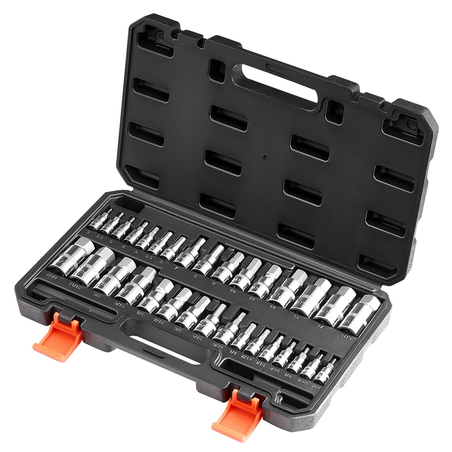 Hex Bit Socket Set, 32-Piece, S2 Alloy Steel and Cr-V Steel, Standard SAE and Metric, 1/4 in, 3/8 in, and 1/2 in Drives, with Enhanced Storage Case, Allen Socket Set for Mechanics, Auto Repair