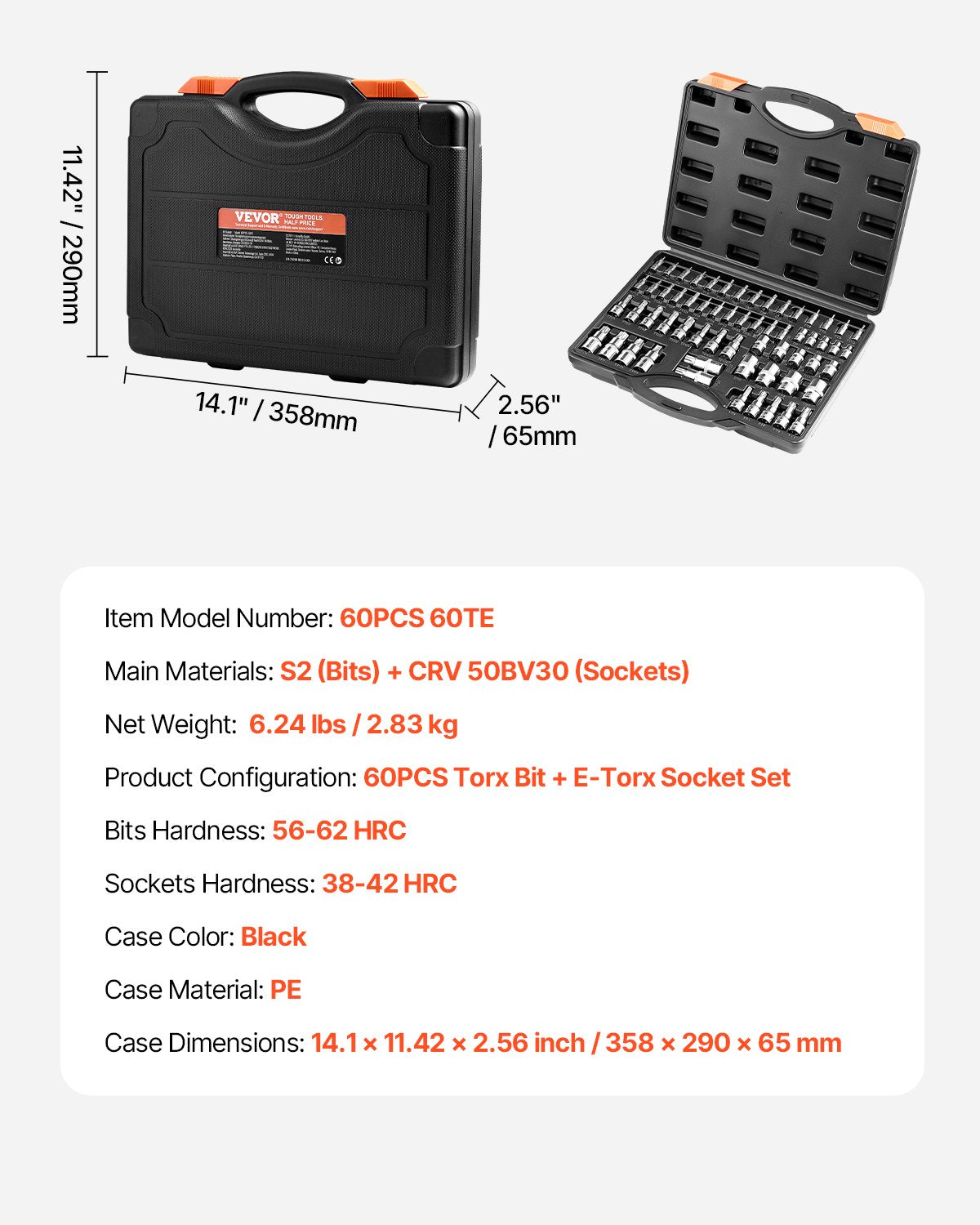 Torx Bit Socket and External Torx Socket Set, 60-Piece T6-T70, TT6-TT70, TP8-TP60, E4-E24, S2 Alloy Steel and Cr-V Steel, 1/4 in, 3/8 in, and 1/2 in Drives, with Enhanced Storage Case, Hand Use
