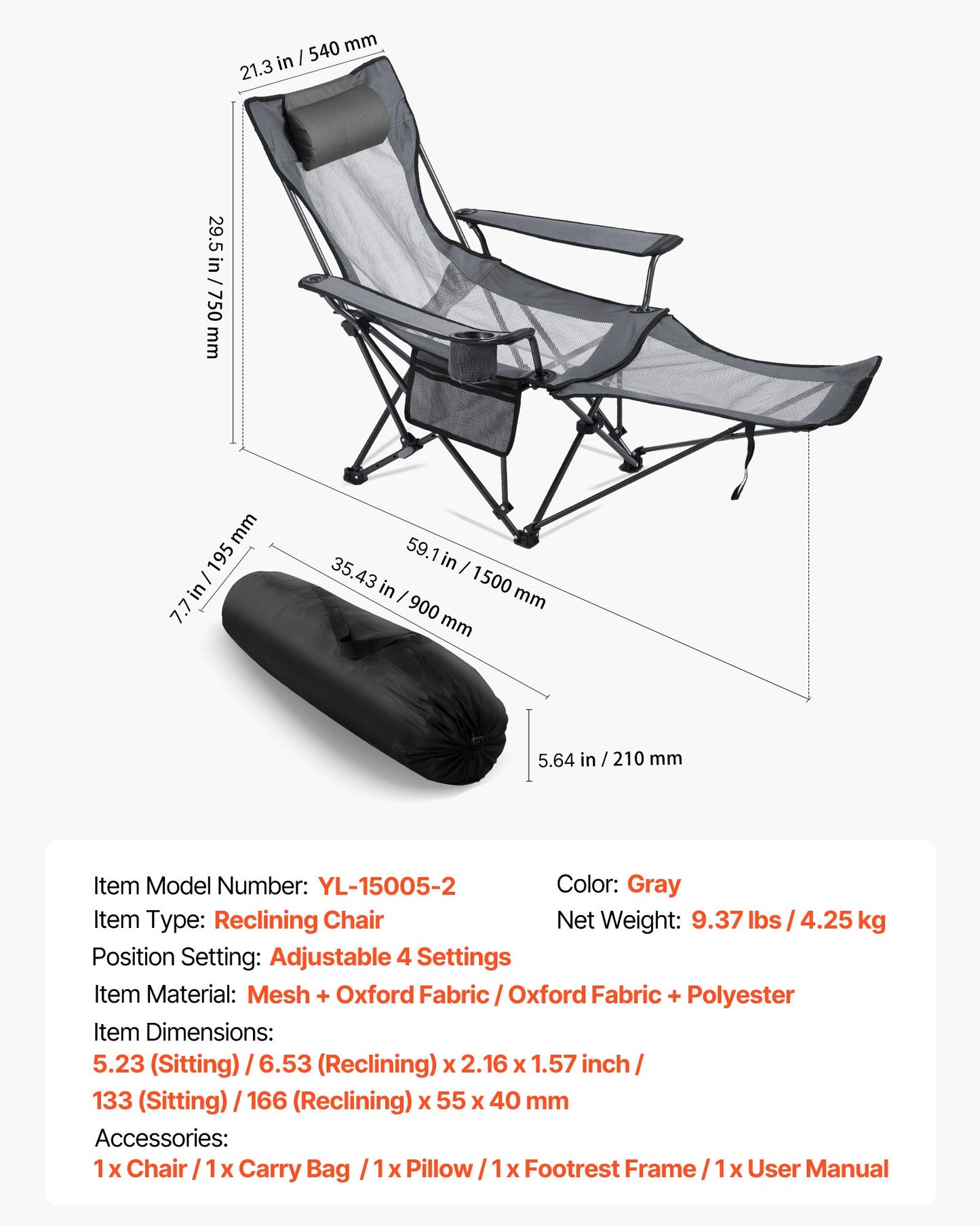 Reclining Camping Chair, 4 Adjustable Positions, Portable Folding Lounger for Adults, Mesh Beach Chair with Headrest & Foot Rest, Supports 220 lbs, Heavy Duty Camp Chairs for Patio, Gray