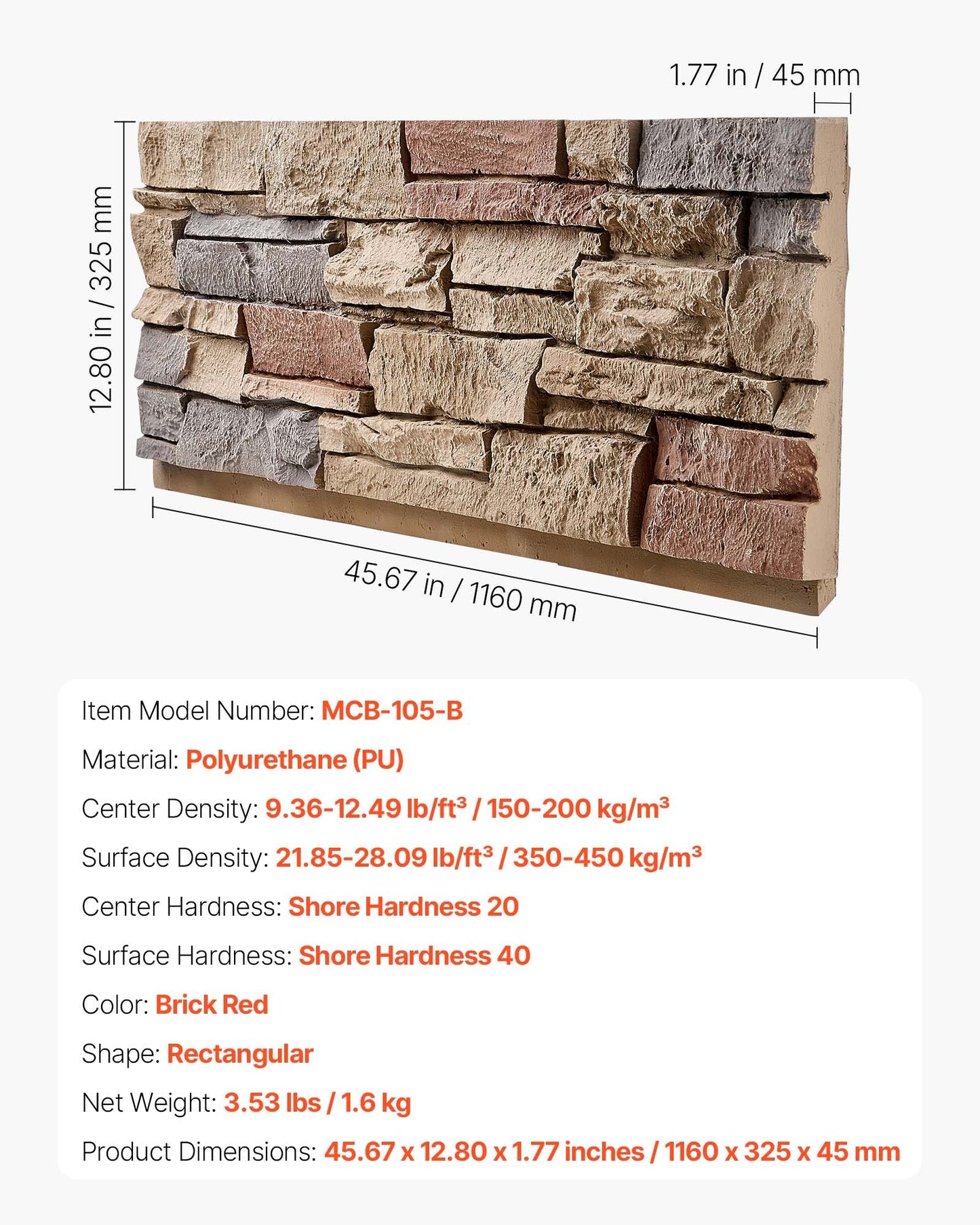 Faux Stacked Stone Panel, 45.6 x 12.8 in Artificial Stone Wall Panels, High-Density PU Stones Siding Panel, Easy to Cut, Rock Panels for Interior and Exterior Decorations, Brick Red