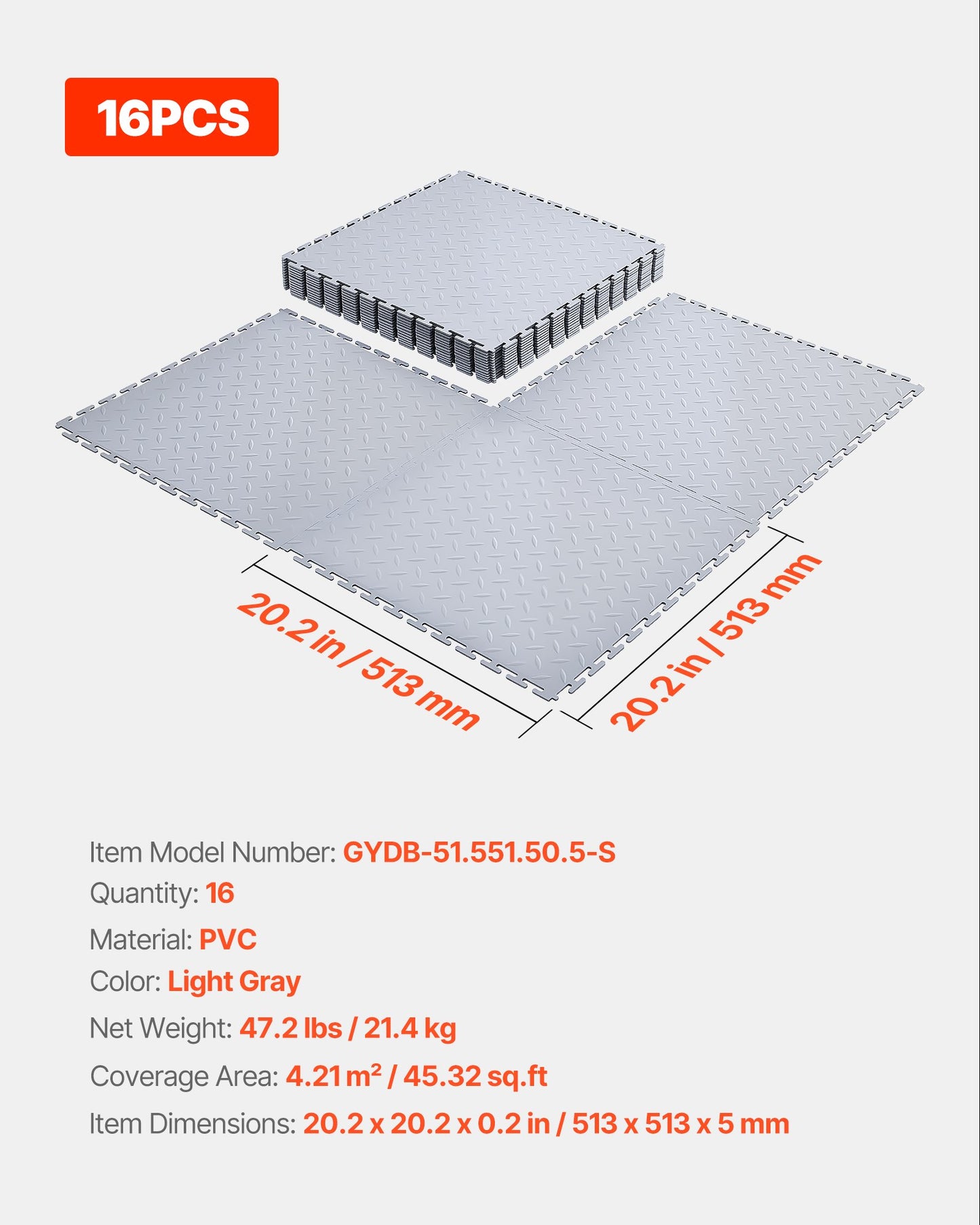 Garage Floor Tiles Interlocking, 16 Pack 20.2 x 20.2 x 0.2 in Interlocking Modular Garage Flooring Tiles, Diamond Plate Slip-Resistant PVC Mats for Workshop,Warehouse,Tool Room, Light Gray
