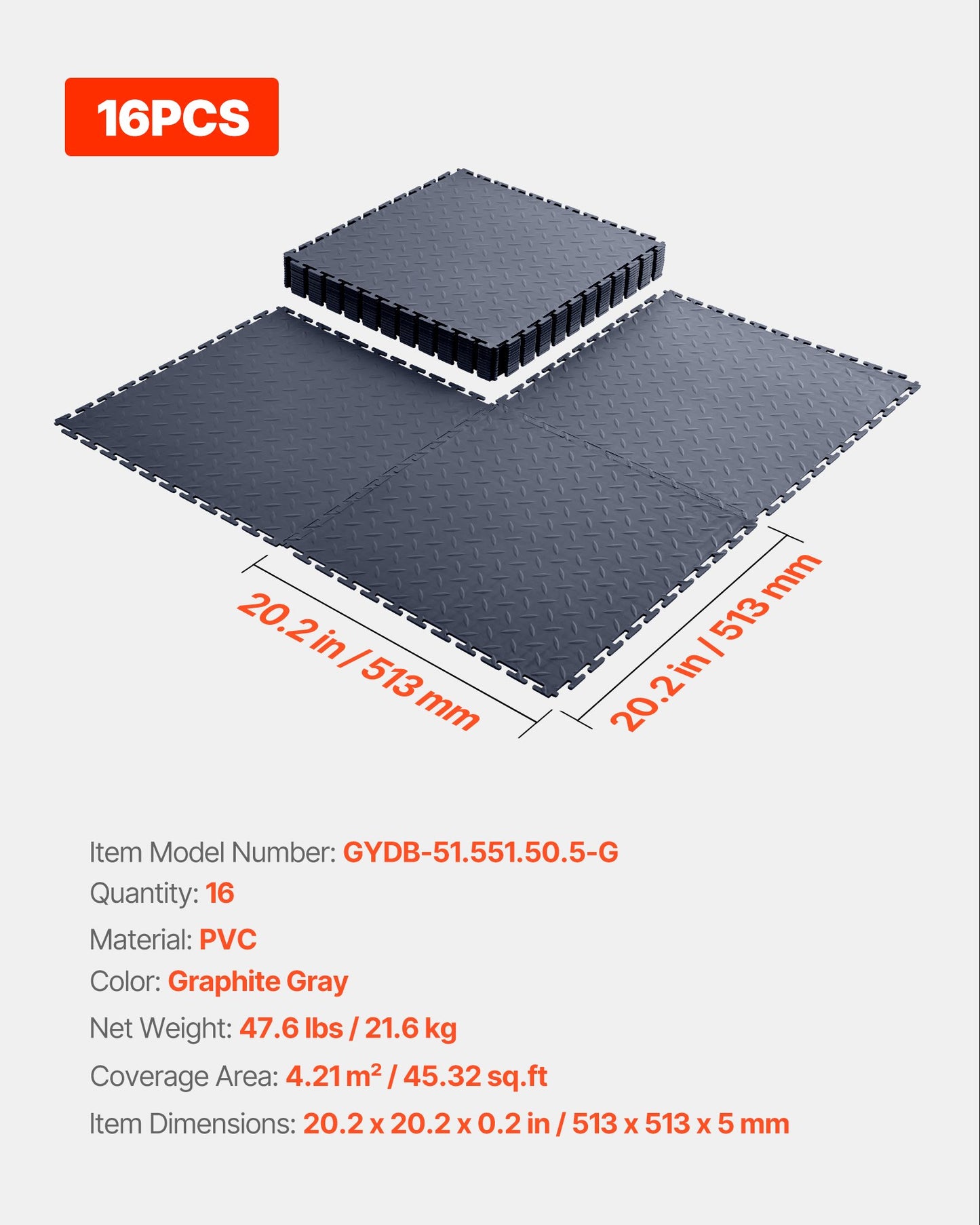 Garage Floor Tiles Interlocking, 16 Pack 20.2 x 20.2 x 0.2 in Interlocking Modular Garage Flooring Tiles, Diamond Plate Slip-Resistant PVC Mats for Workshop,Warehouse,Tool Room, Graphite Gray