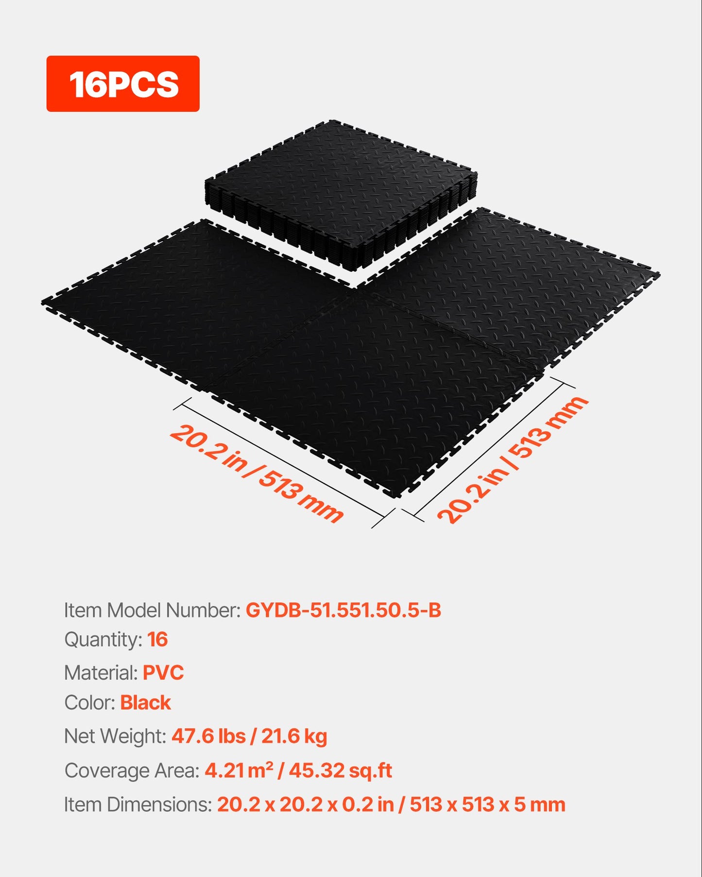 Garage Floor Tiles Interlocking, 16 Pack 20.2 x 20.2 x 0.2 in Interlocking Modular Garage Flooring Tiles, Diamond Plate Slip-Resistant PVC Mats for Workshop,Warehouse,Tool Room, Black
