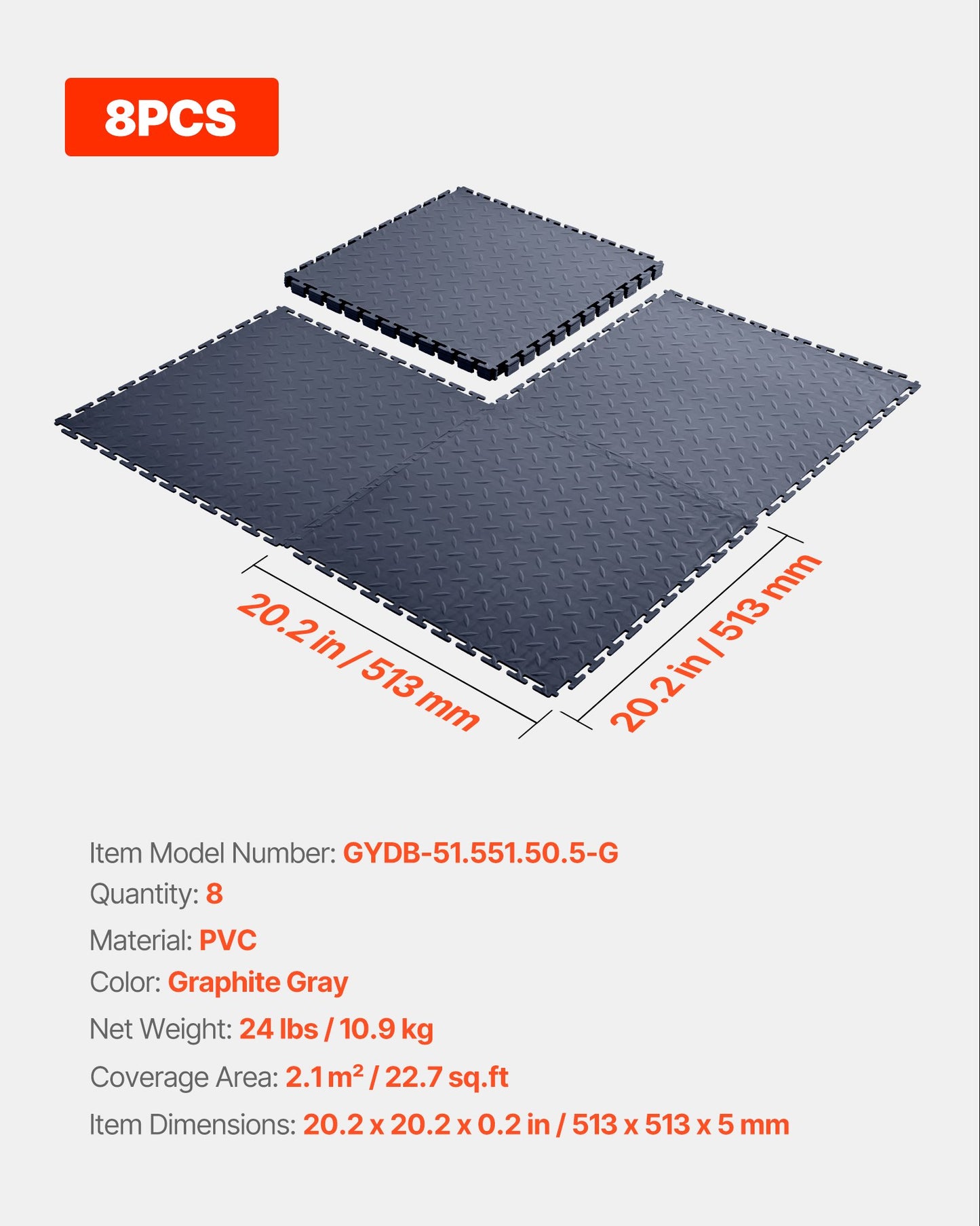 Garage Floor Tiles Interlocking, 8 Pack 20.2 x 20.2 x 0.2 in Interlocking Modular Garage Flooring Tiles, Diamond Plate Slip-Resistant PVC Mats for Workshop,Warehouse,Tool Room, Graphite Gray