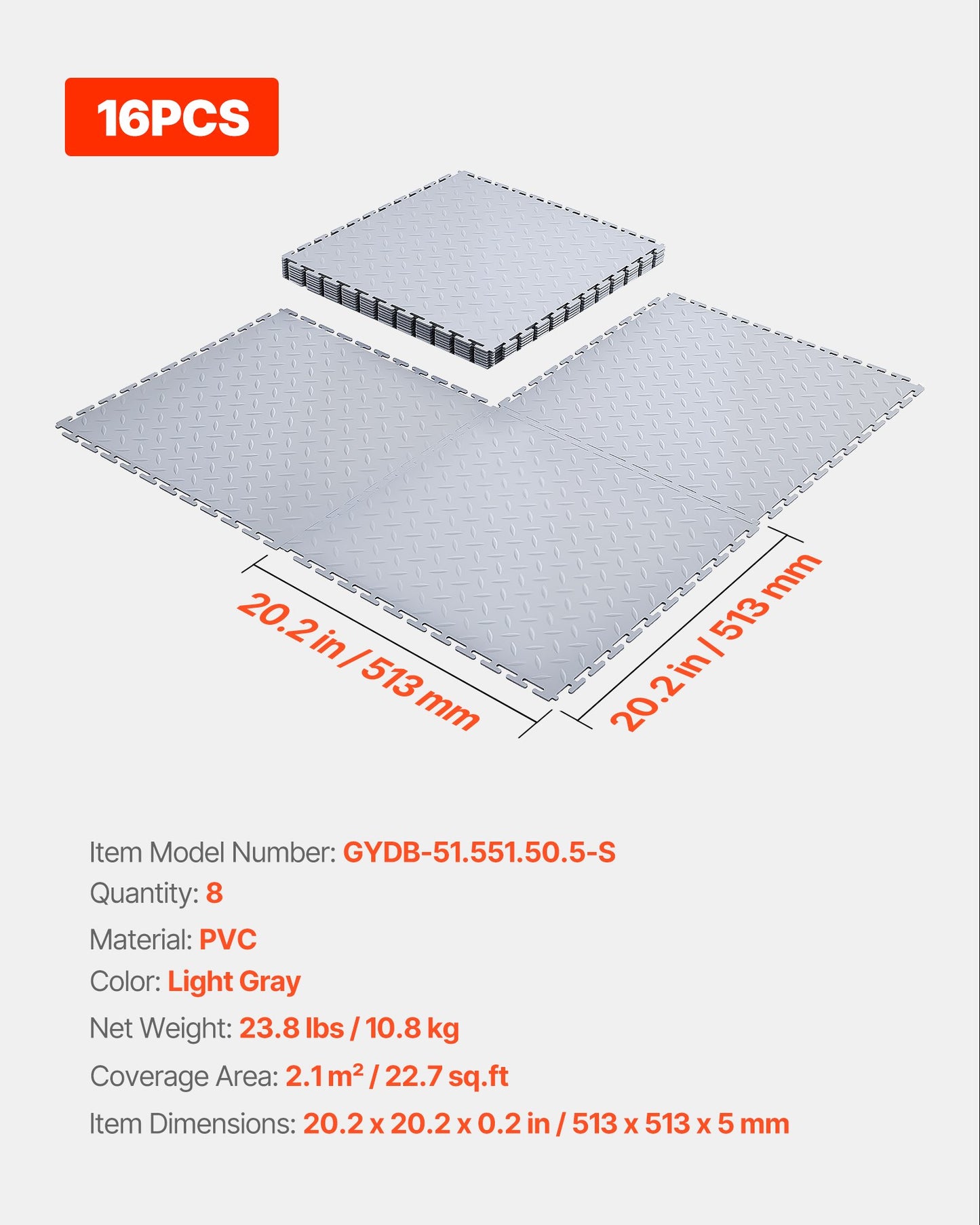 Garage Floor Tiles Interlocking, 8 Pack 20.2 x 20.2 x 0.2 in Interlocking Modular Garage Flooring Tiles, Diamond Plate Slip-Resistant PVC Mats for Workshop,Warehouse,Tool Room, Silver