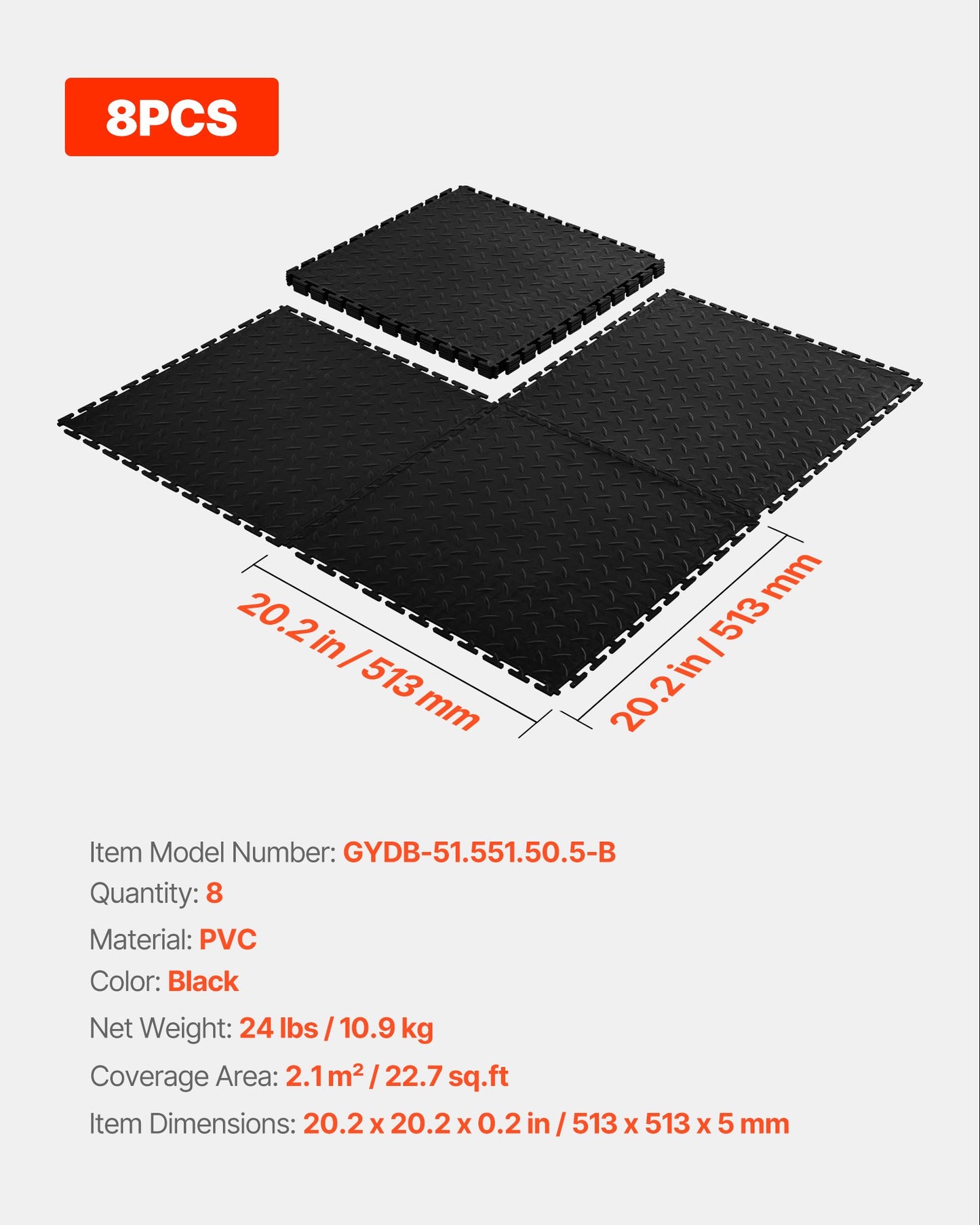Garage Floor Tiles Interlocking, 8 Pack 20.2 x 20.2 x 0.2 in Interlocking Modular Garage Flooring Tiles, Diamond Plate Slip-Resistant PVC Mats for Workshop,Warehouse,Tool Room, Black