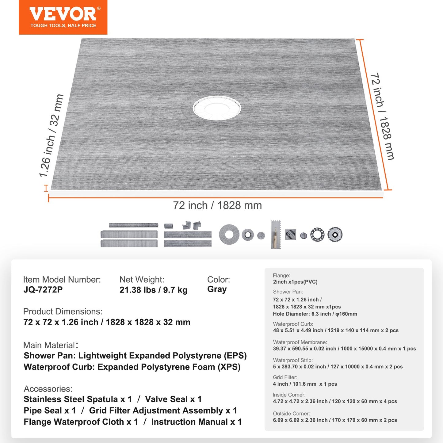 Shower Curb Kit, 72"x72" Shower Pan Kit with 2" PVC Central Flange, 4" Stainless Steel Grate, Waterproof Shower Curb & Membrane & Strip, Shower Pan Slope Sticks Fit for Bathroom