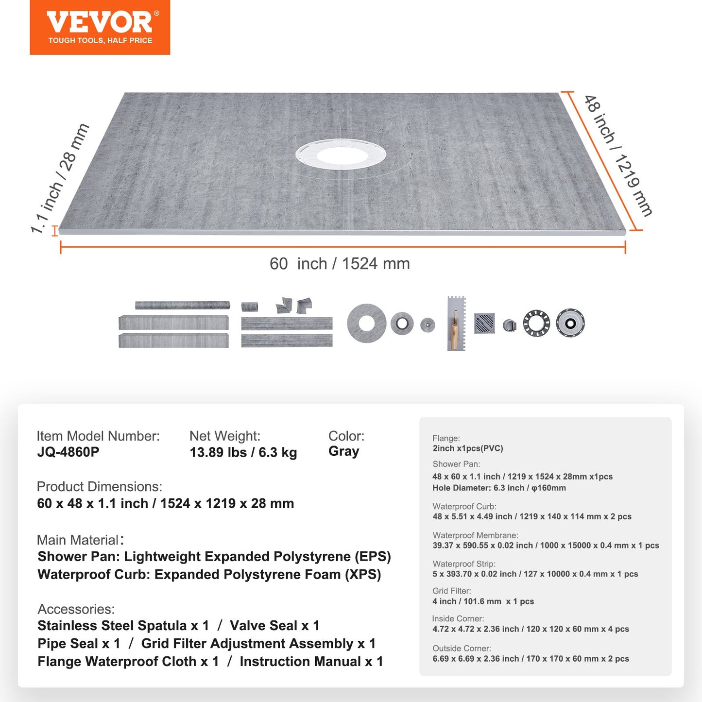Shower Curb Kit, 60"x48" Shower Pan Kit with 2" PVC Central Flange, Waterproof Membrane, Stainless Steel Grate and Joint Sealant, Shower Pan Slope Sticks Fit for Bathroom