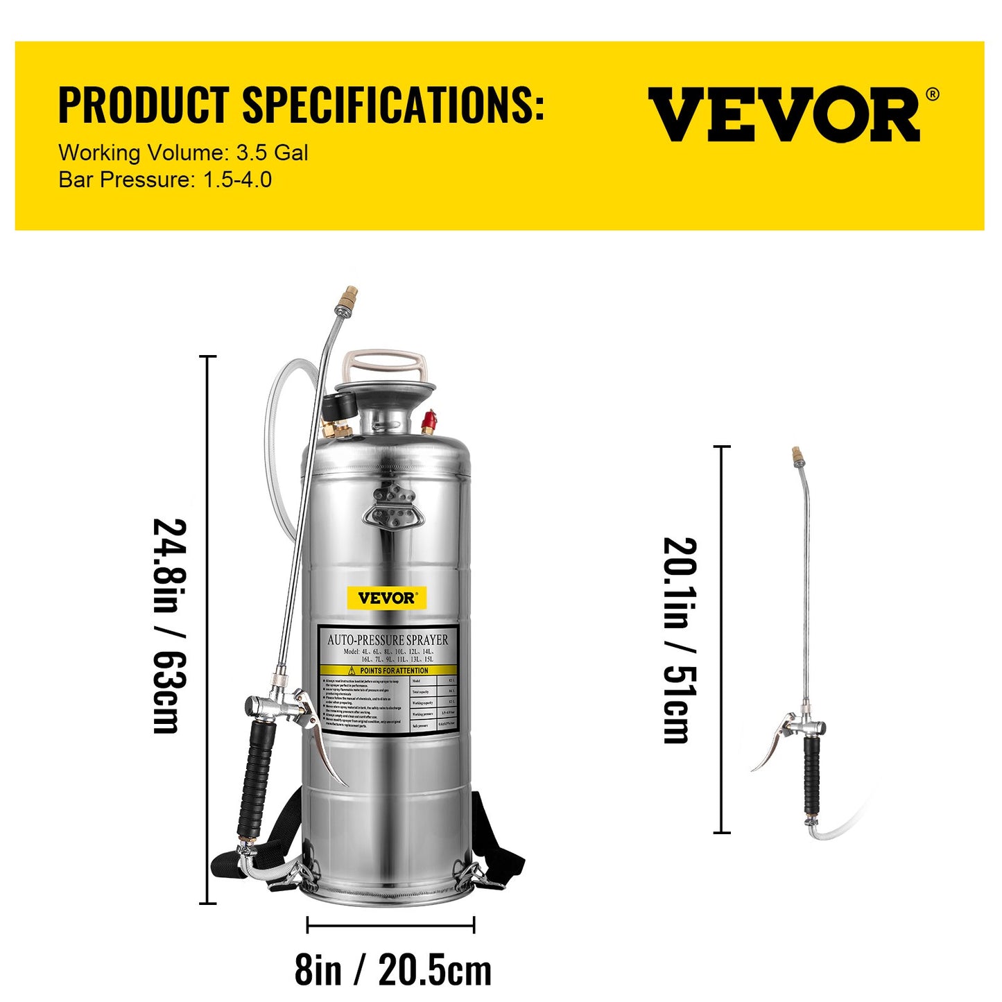 3.5Gal Stainless Steel Sprayer,l Set with 20\" Wand& Handle& 3FT Reinforced Hose, Hand Pump Sprayer with Pressure Gauge&Safety Valve, Adjustable Nozzle Suitable for Gardening& Sanitizing