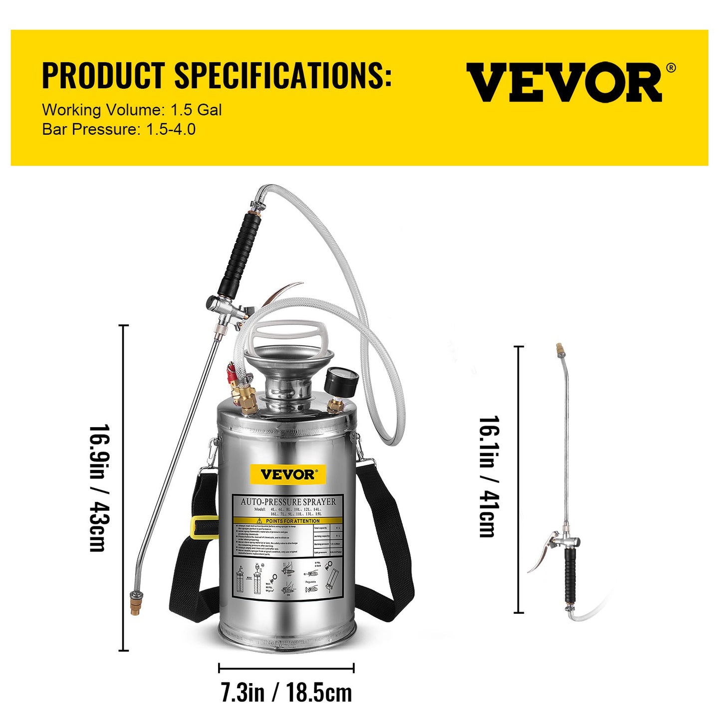 1.5Gal Stainless Steel Sprayer, Set with 16\" Wand& Handle& 3.3FT Reinforced Hose, Hand Pump Sprayer with Pressure Gauge&Safety Valve, Adjustable Nozzle Suitable for Gardening& Sanitizing