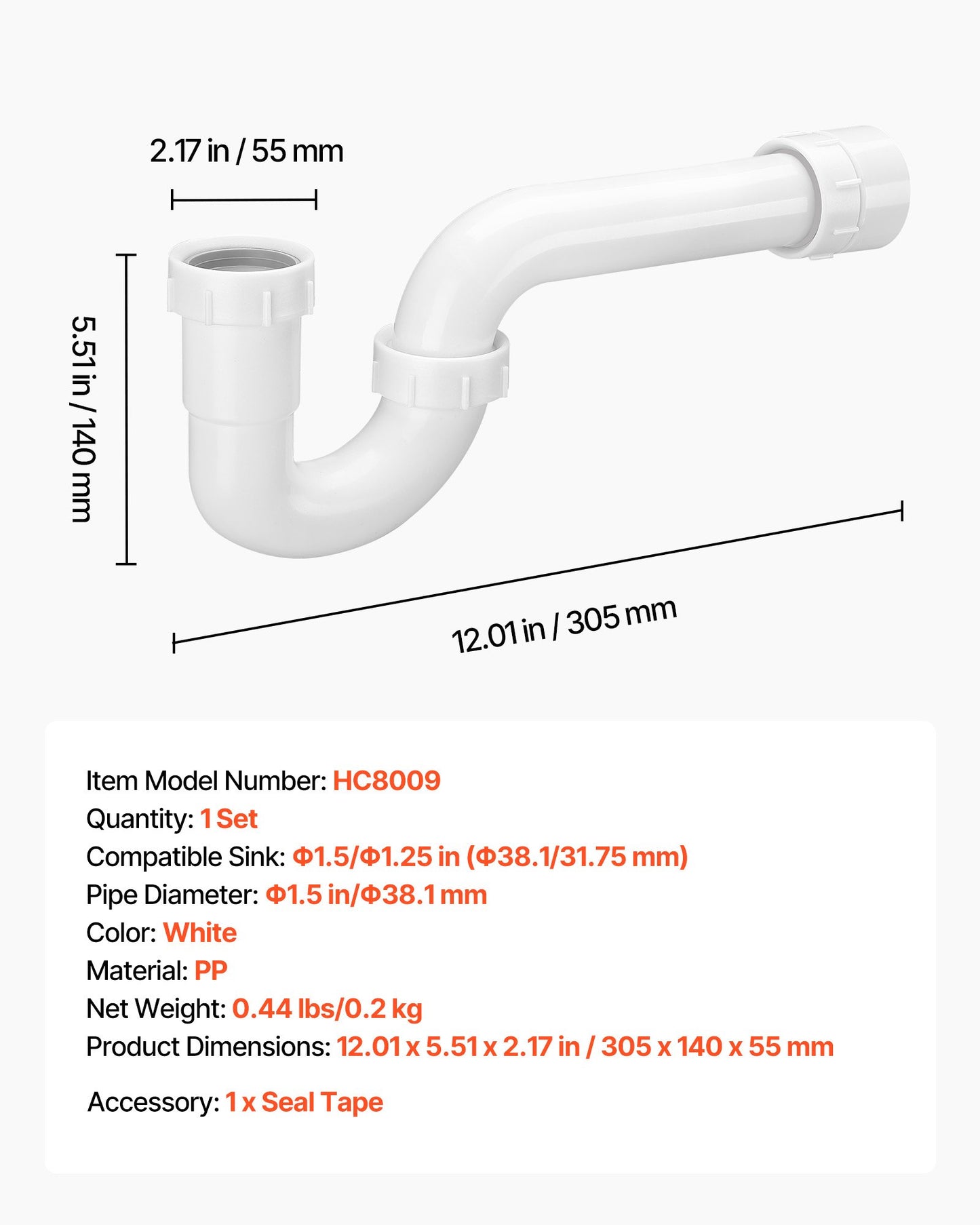 P-Trap, 1-1/2 Inch P Trap Sink Drain Pipe Kit with Threaded Adapter and TPU Leak-Resistant Washers, PP Plastic Pipe Basin Waste Kit, Under Sink Plumbing for Kitchen Bathroom Sewer Drain, White