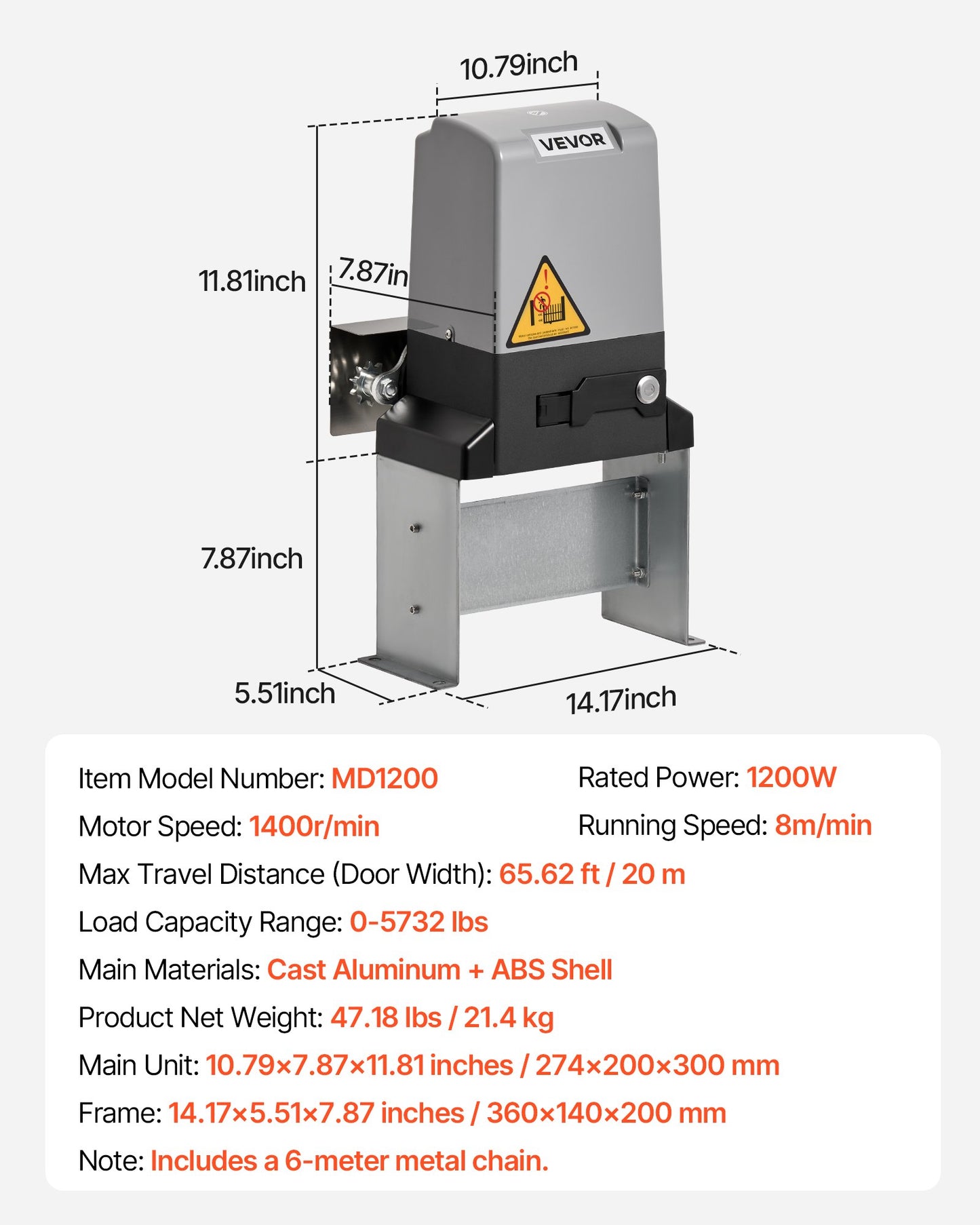 Automatic Gate Opener, 1200W Electric Sliding Gate Opener for Doors up to 65.6ft 5732lbs, Chain Drive Rolling Door Motor with Infrared Sensor & 2 Remote Controls, Driveway Gates Opening System