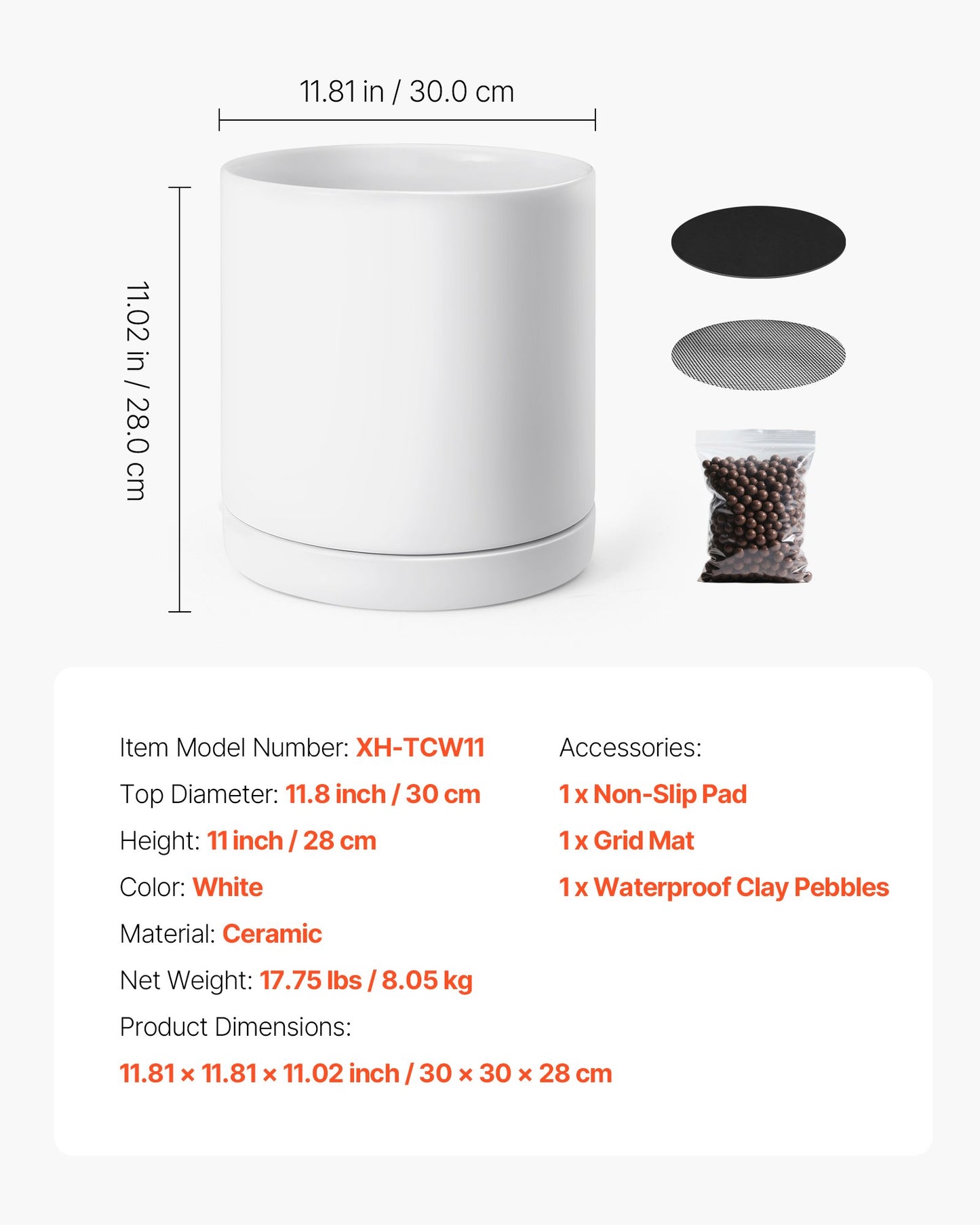 Plant Pot, 12-Inch Large Cylinder Planter with Drainage Holes, Non-Slip Pads & Detachable Saucer, Modern Ceramic Flower Pots, Indoor and Outdoor Tree Planter Pot, Home & Office Decorations