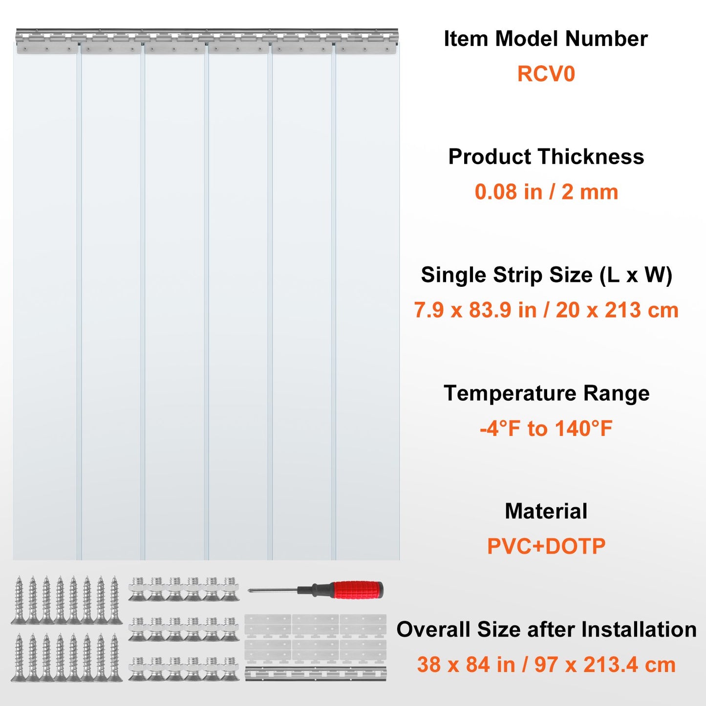 Strip Curtain, 84" Height x 38" Width, 0.08" Thickness, 6PCS Clear PVC Strip Door Curtain, Freezer Curtain, Plastic Door Strips for Walk in Freezers, Coolers & Warehouse Doors, with 50% Overlap