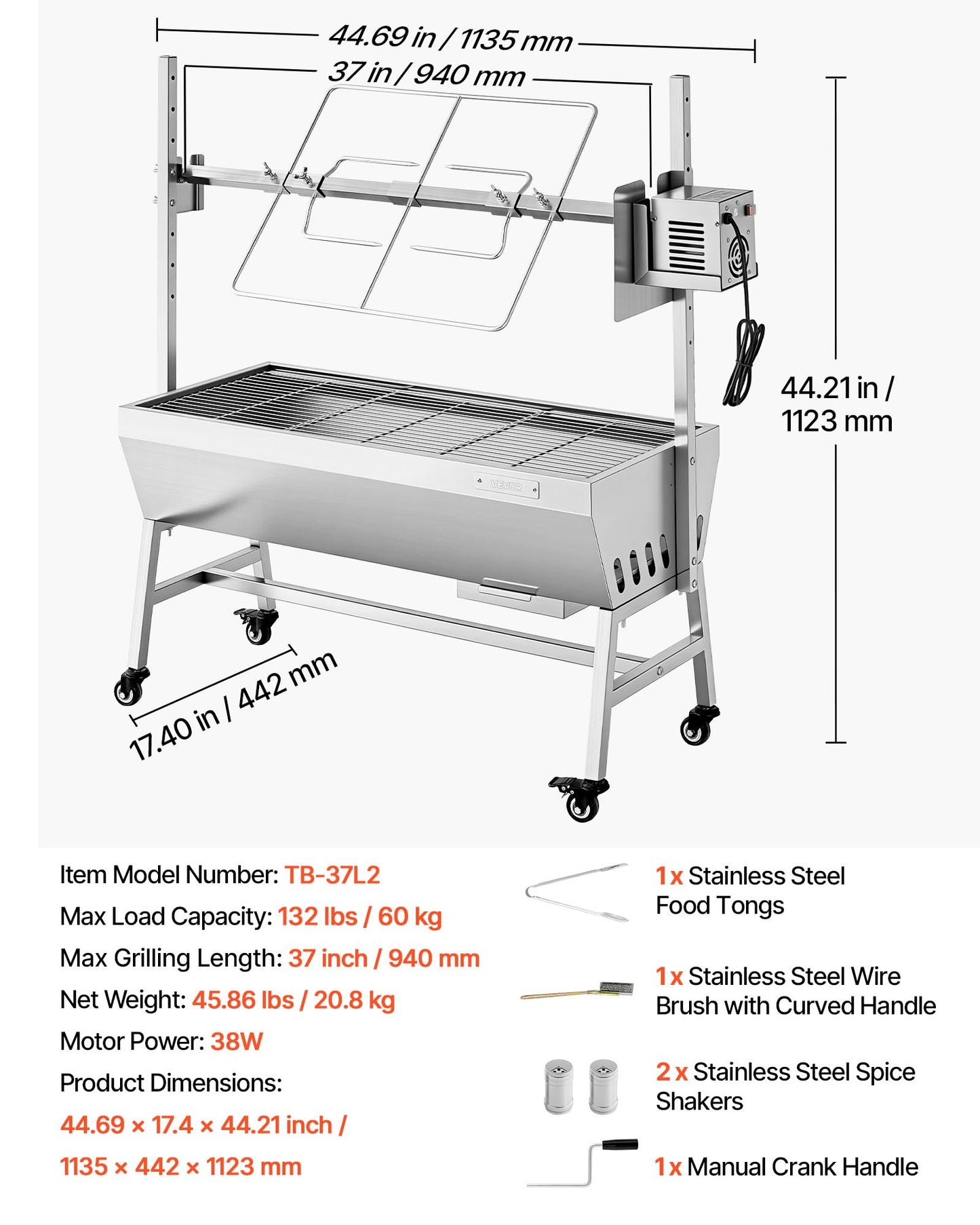 Rotisserie Grill, 38W BBQ Outdoor Pig & Lamb Spit Roaster, Charcoal Spit Roaster with 132 LBS Capacity, Wheels & 7-Level Height, Stainless Steel Electric Rotisserie Grill Kit for Camping Outdoor