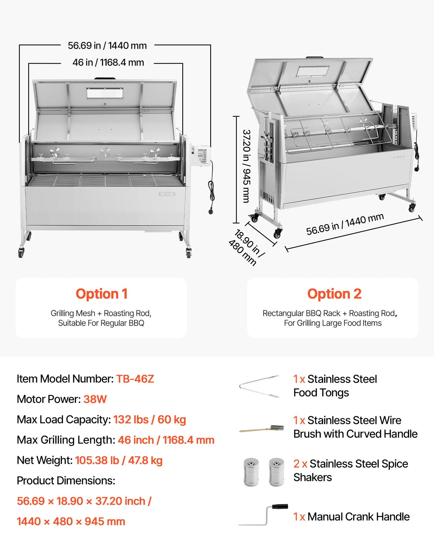 Rotisserie Grill, 38W BBQ Outdoor Pig & Lamb Spit Roaster, Charcoal Spit Roaster with 132 LBS Capacity, Wheels & 4-Level Height, Stainless Steel Rotisserie Grill Kit for Camping Outdoor Parties