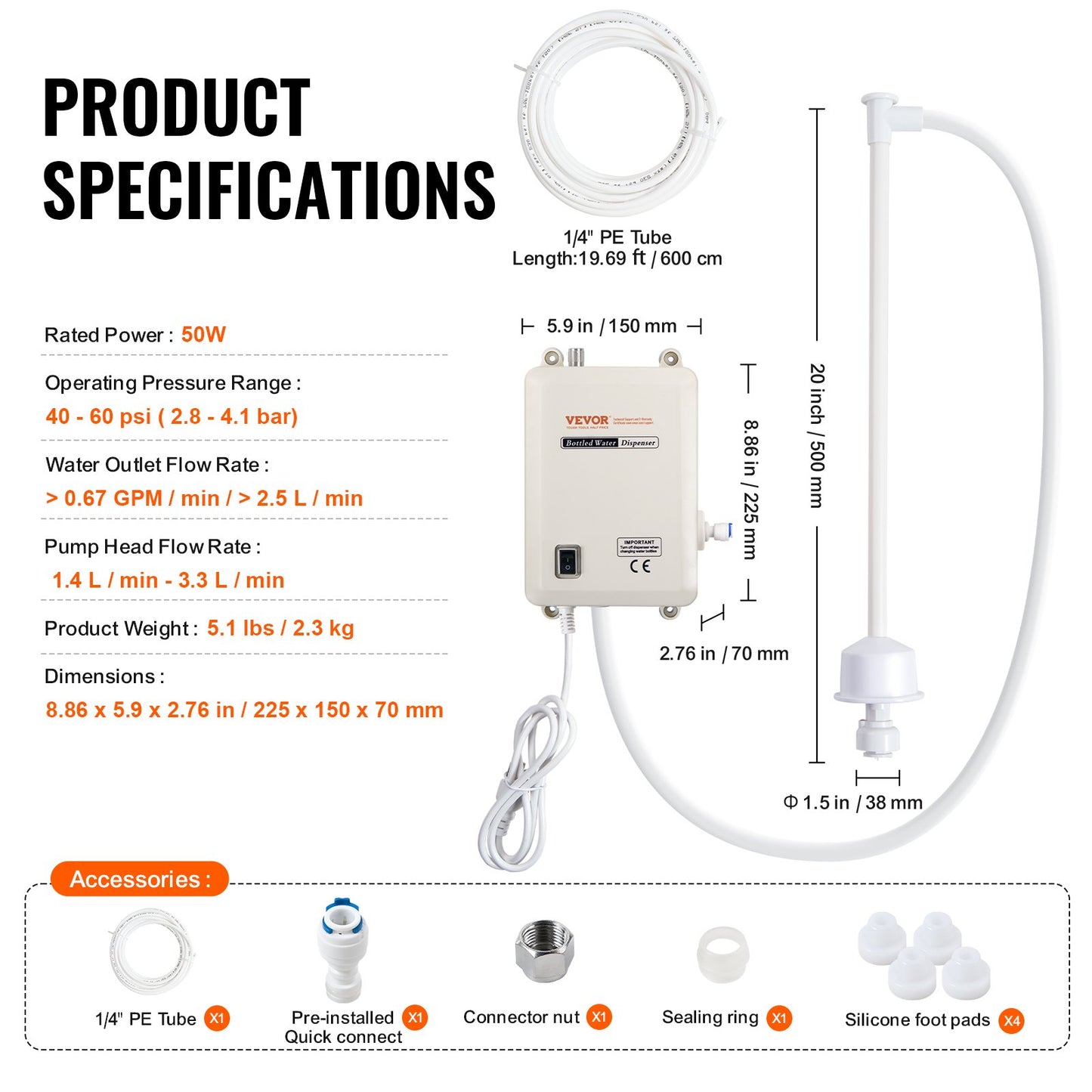 Bottled Water Dispenser Pump System, 5 Gallon Dispensing System, Automatic Electric Water Dispenser, Single Inlet Water Jug Pump, Compatible Use with Coffee/Tea Machine, Refrigerator, Ice Maker