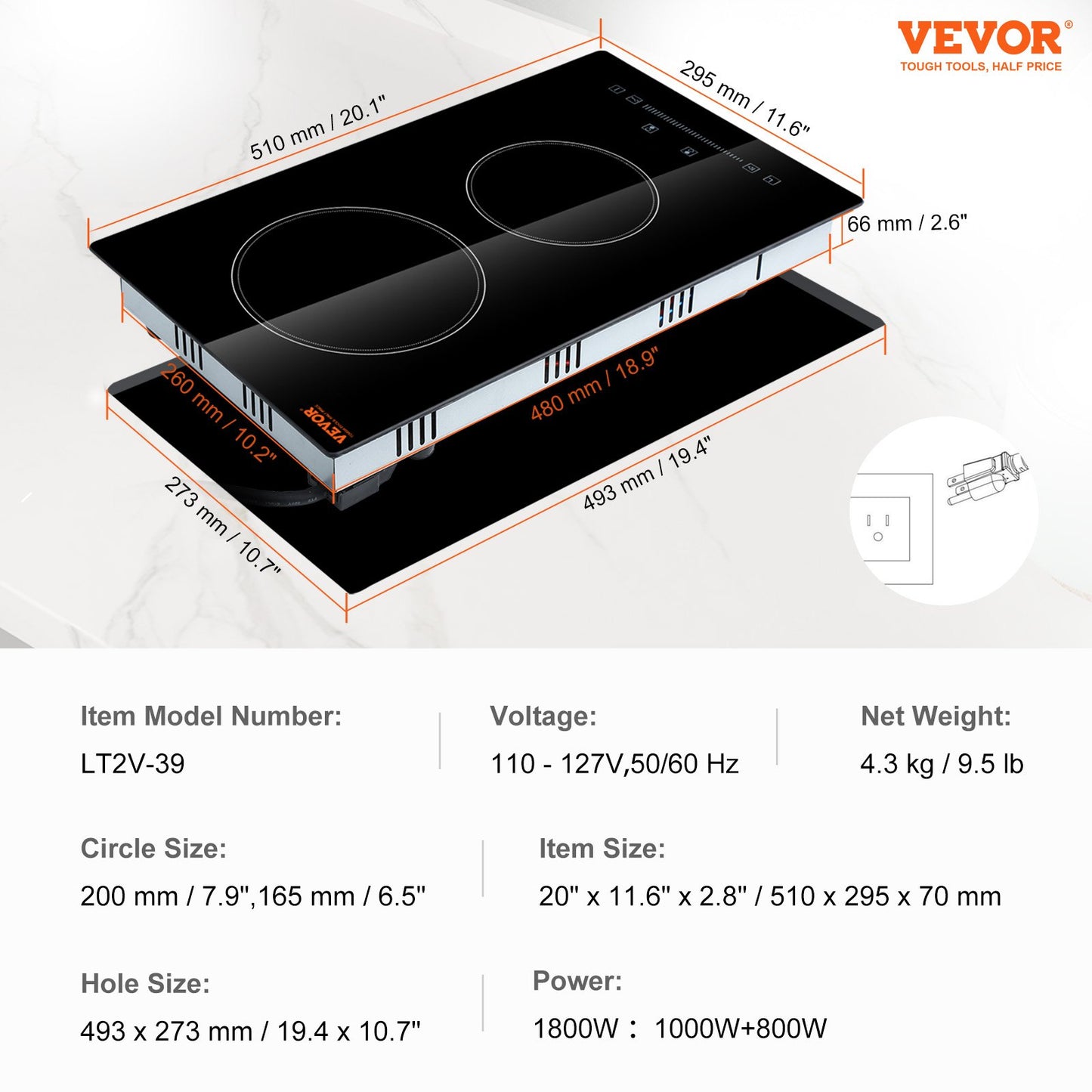 Built in Electric Stove Top, 20 x 11.6 inch 2 Burners, 240V Glass Radiant Cooktop with Sensor Touch Control, Timer & Child Lock Included, 9 Power Levels for Simmer Steam Slow Cook Fry