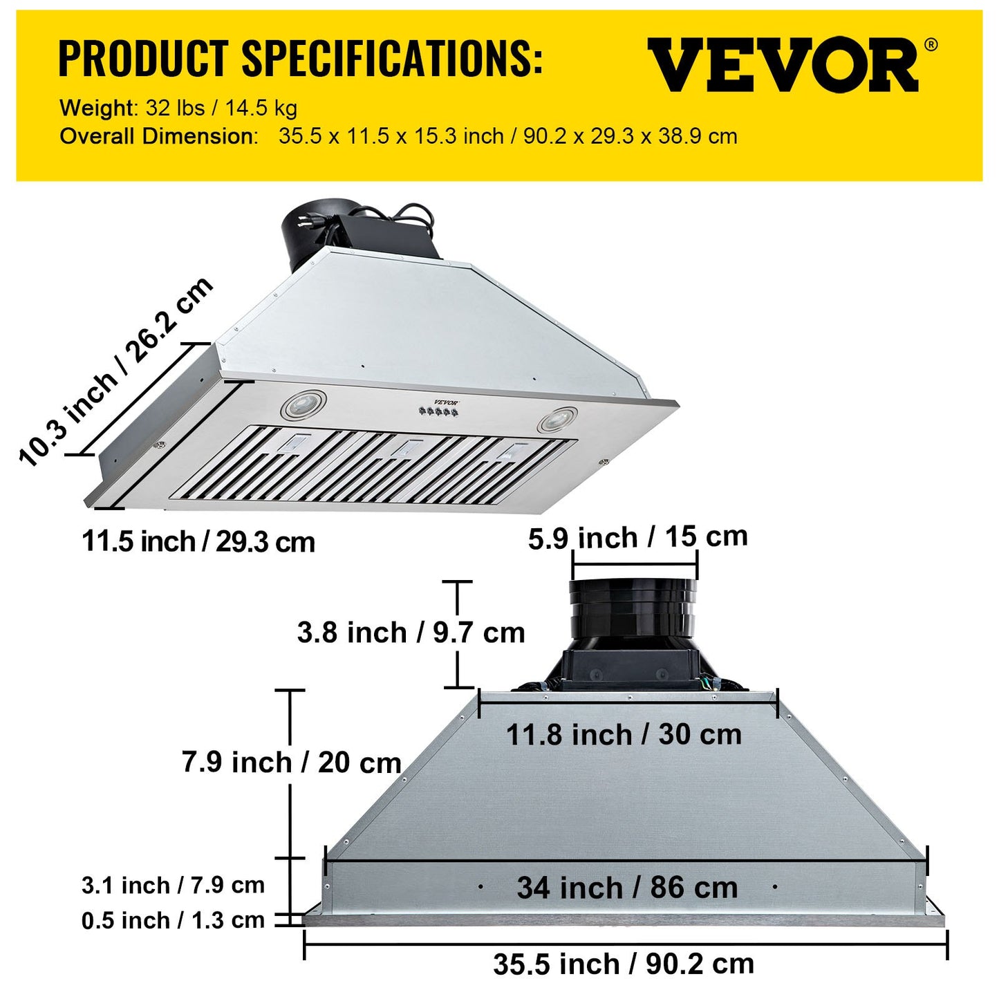 Insert Range Hood, 800CFM 3-Speed, 36 Inch Stainless Steel Built-in Kitchen Vent with Push Button Control LED Lights Baffle Filters, Ducted/Ductless Convertible, ETL Listed